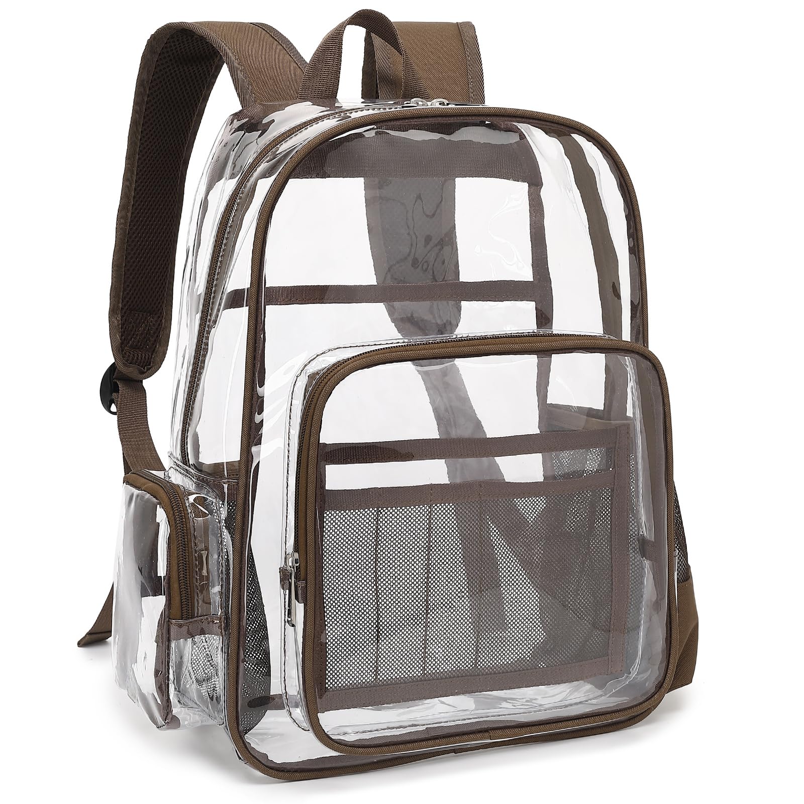 Mimfutu Heavy Duty Clear Backpack School Backpack, PVC Transparent Backpacks See Through Bookbag for Girls Boys Women Men (Brown)