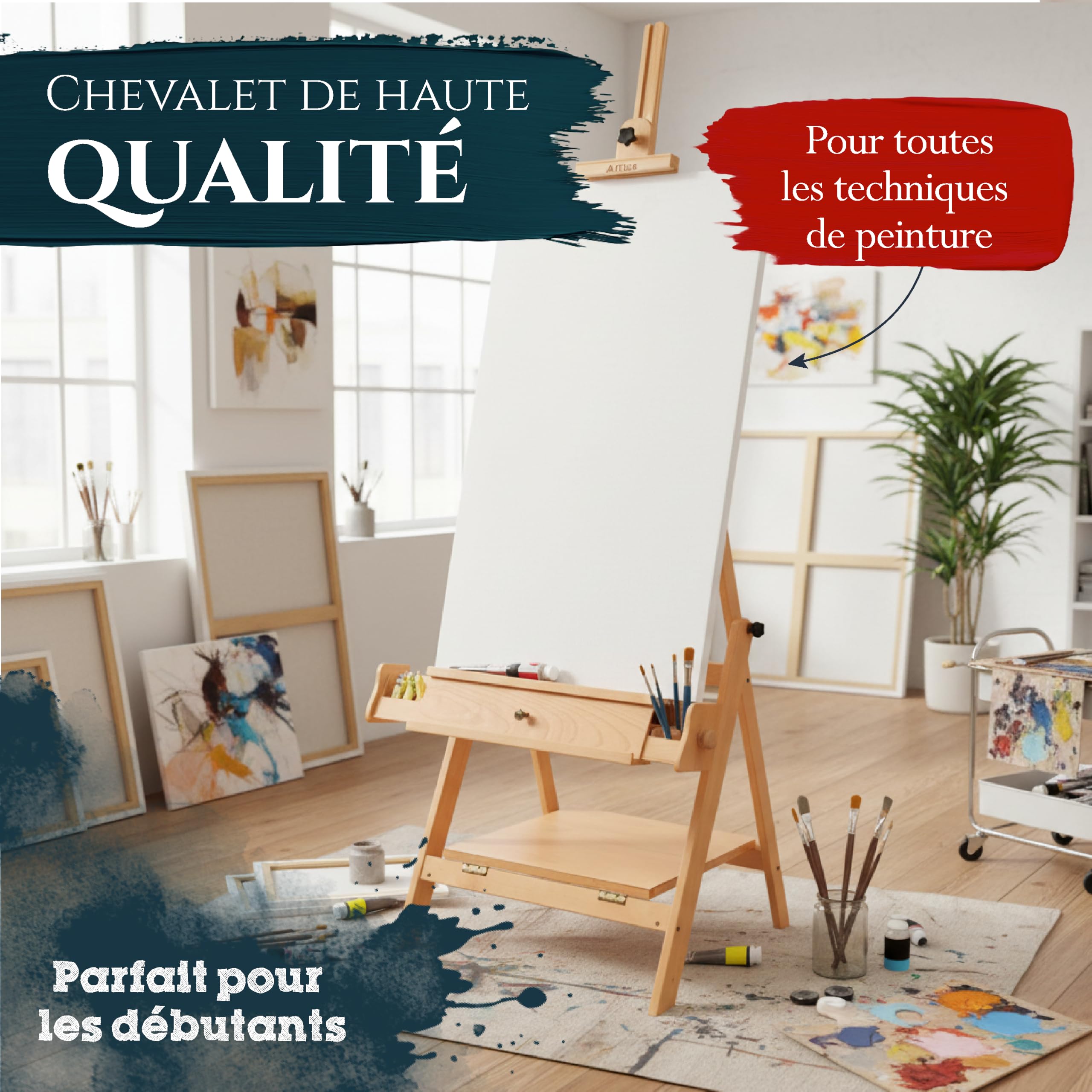 Artina chevalet de studio en bois hêtre réglable pliable pour châssis toile