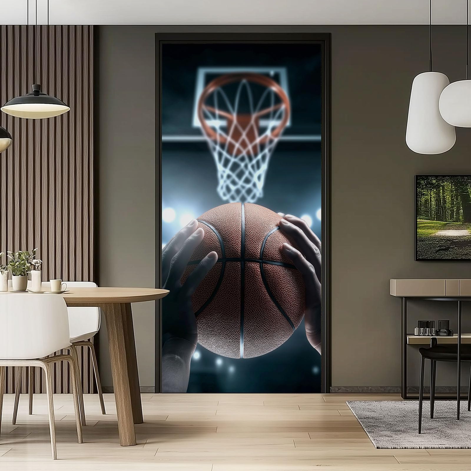 2 adesivi per porta, stile sportivo, stile artistico, adesivo per porta, motivo basket 3D, in PVC, impermeabile, per armadio, casa, ufficio, decorazione nera, carta da parati autoadesiva, 95 x 215 cm