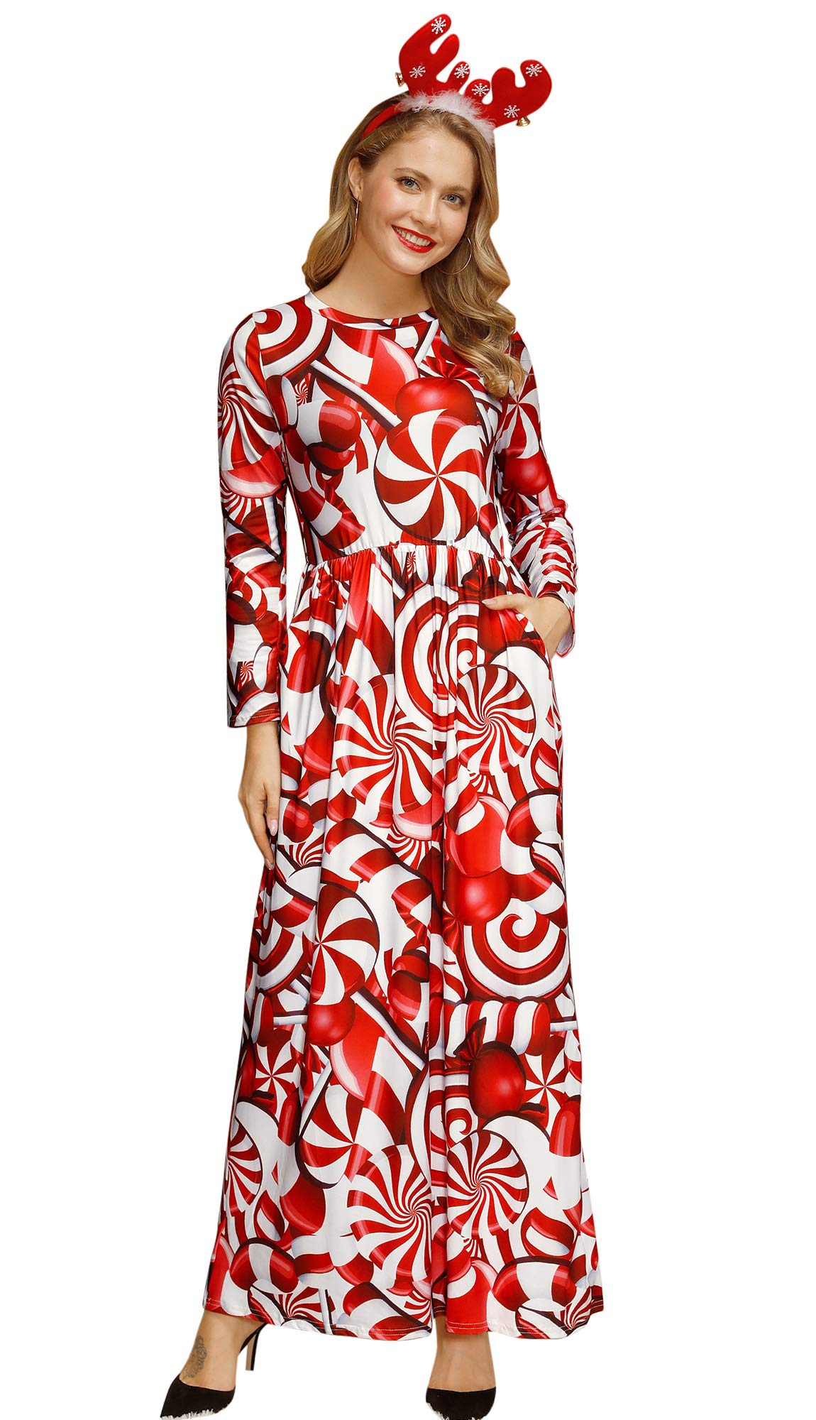 For G and PL Women's Ugly Christmas Maxi Dress Long Sleeve Graphic Outfit with Pockets