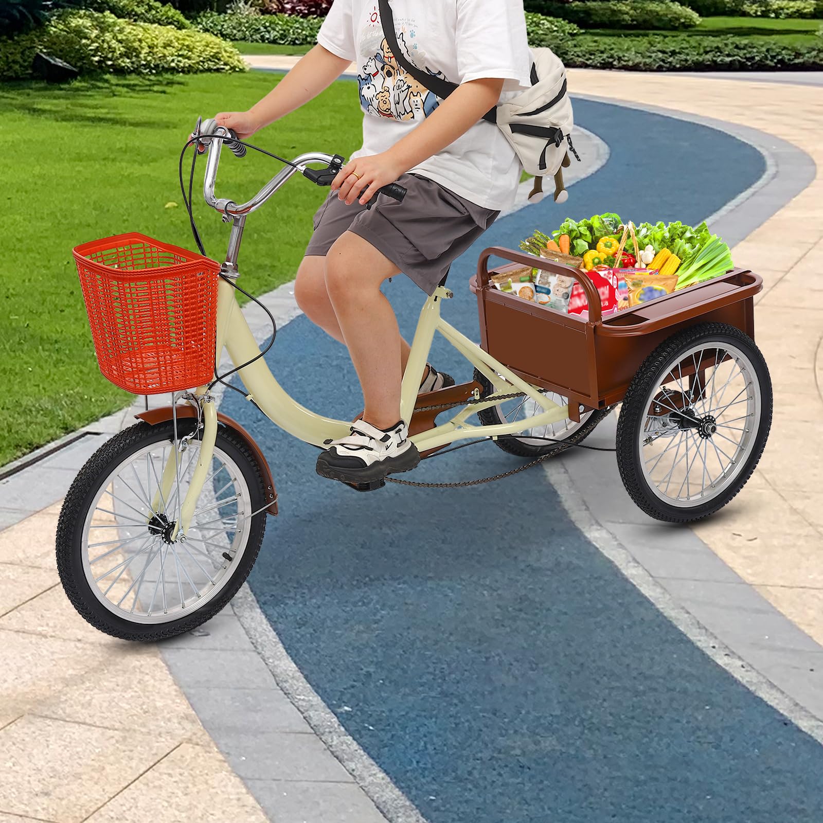 MINRS Triciclo para adultos, 18 pulgadas, altura ajustable, 3 ruedas, bicicleta de compras City con cesta de la compra, triciclo de crucero para adultos, triciclo para actividades al aire libre