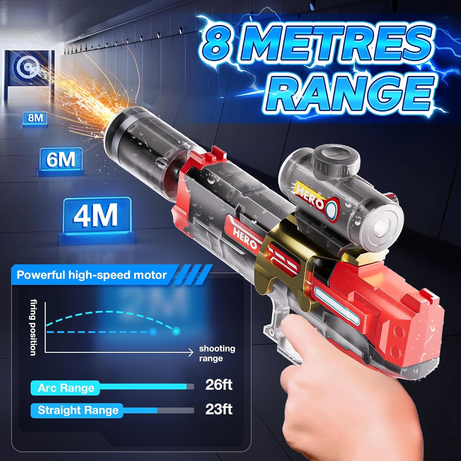 Electric Water Gun for Adults & Kids, Automatic Electric Squirt Gun with Long Range, Powerful LED Light Water Gun Pistol Blaster Soaker, Water Guns for Summer Outdoor Beach Swimming Pool(BK+B)
