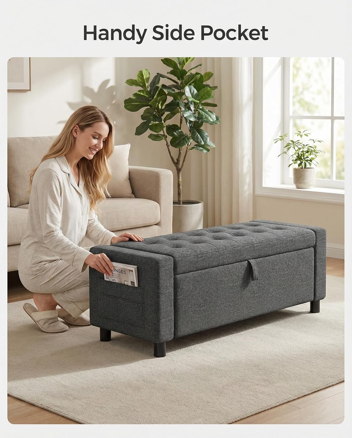 Close-up of the ottoman's side pocket with a book and remote control