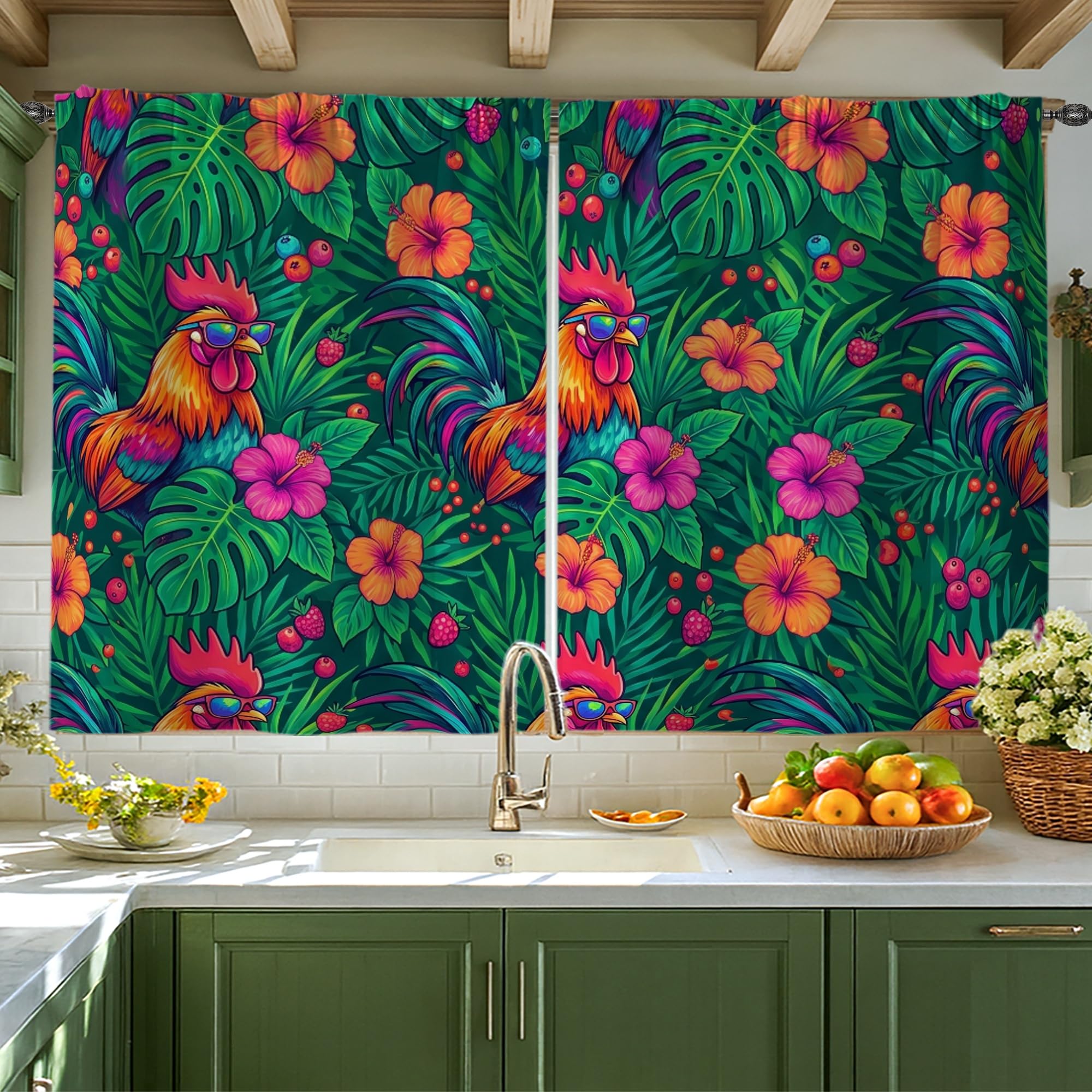 Rideaux de cuisine tamisants feuilles d'hibiscus brise-vue pour fenêtre coin évier vert