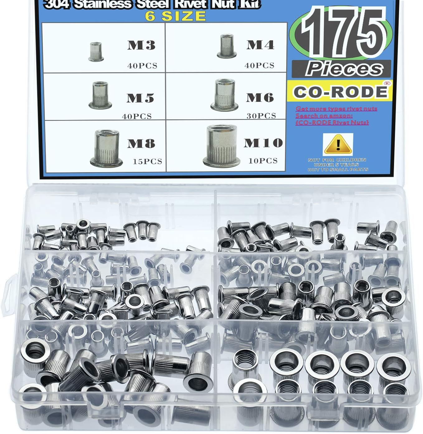 175PCS 304 Stainless Steel Rivet Nut Threaded Rivetnut Insert Nutsert(M3 M4 M5 M6 M8 M10)