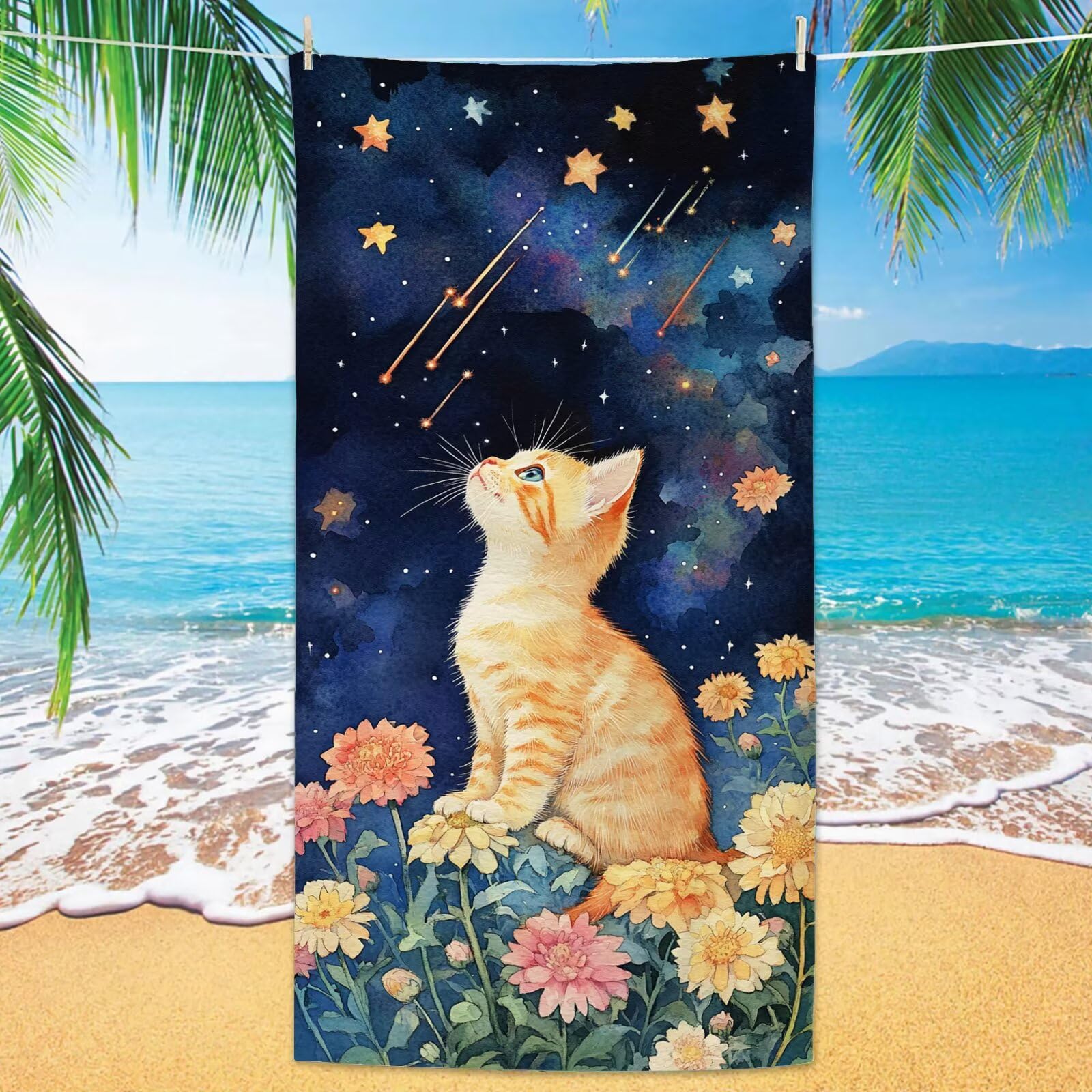 Ręcznik plażowy z mikrofibry z motywem kota, 75 x 150 cm, Meteor, 2 sztuki, szybkoschnący, ultra cienki, lekki, kompaktowy, z torbą, dla kobiet i mężczyzn, na kemping, fitness, urlop YJ-931