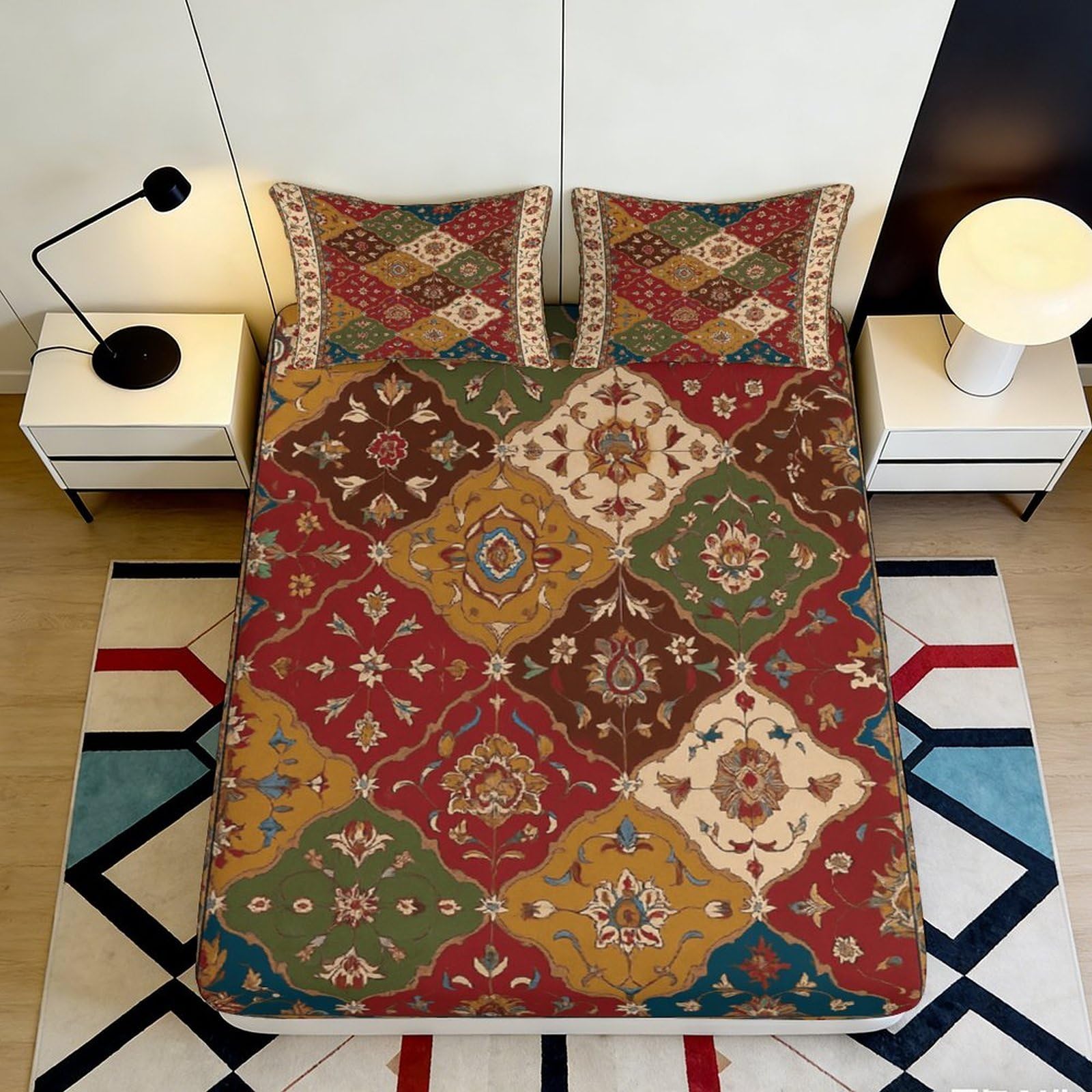 3D Printed Vintage Persian Carpet Fitted Sheet Microfiber Soft Breathable Oriental Mosaic Mattress Cover for Bedroom Dorm Decor 180x200x25cm