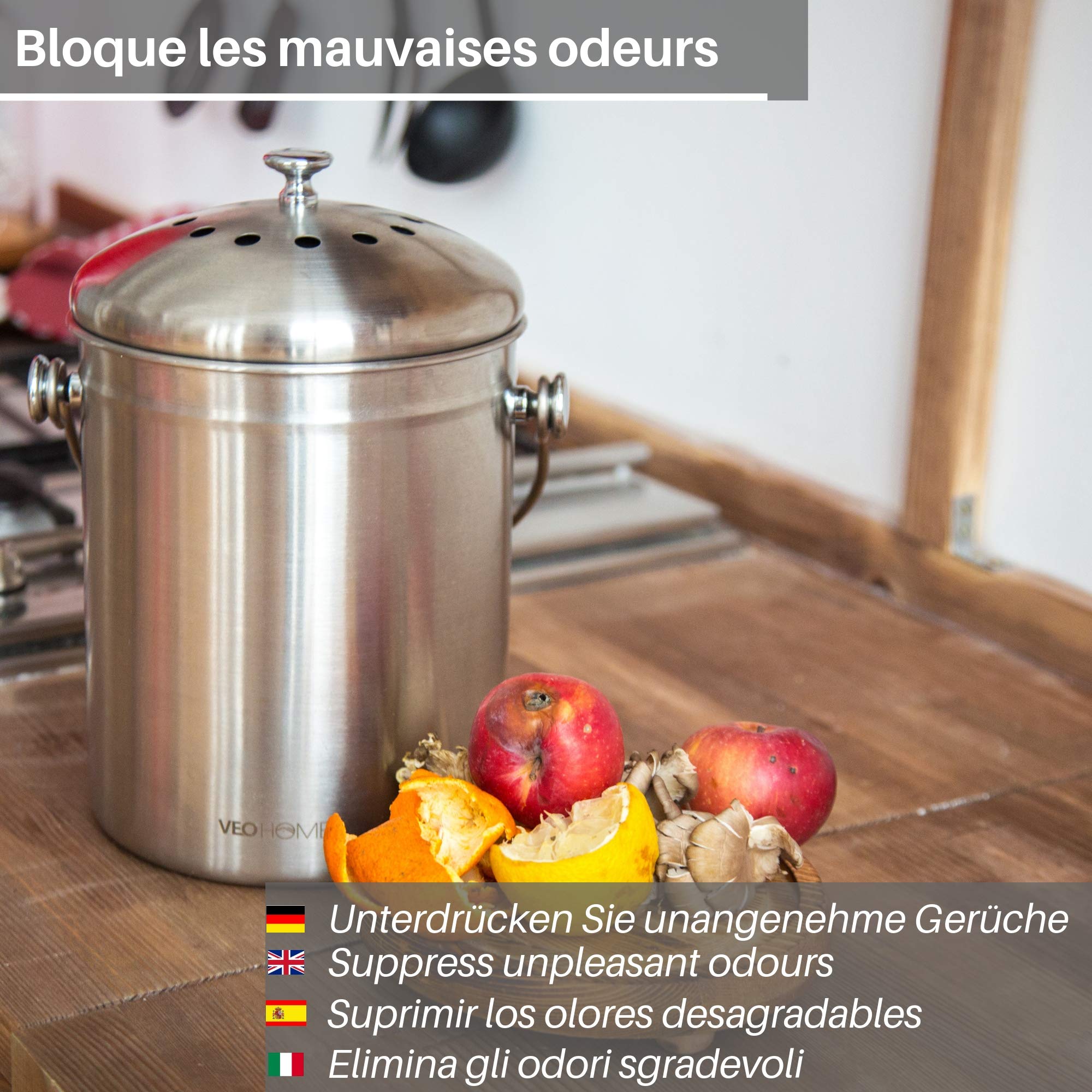 VeoHome Poubelle à Compost de Cuisine in INOX - bac à Compost de Table pour déchets organiques épluchures