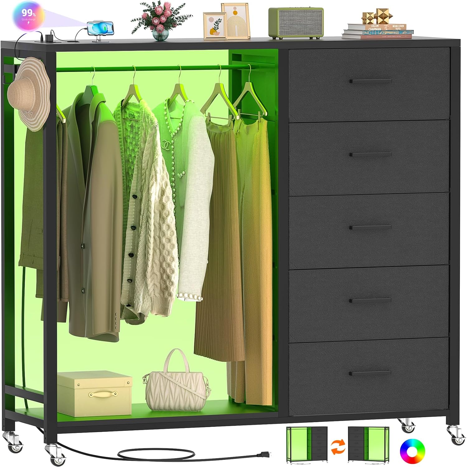 Cyclysio Dresser for Bedroom with Clothes Rack, 5 Fabric Drawers Dresser with Charging Station & LED Lights, Black Storage Chest of Drawers with Wheels, Wooden Top, Lockable Wheels, Closet, Black