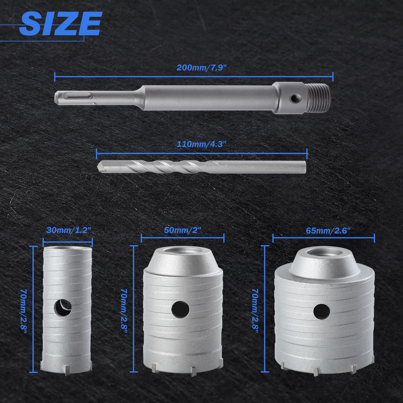 LEONTOOL Hole Saw Kits 4Pcs Concrete Hole Saw Drill Bit 30 50 65 mm SDS Plus Shank with 200mm Connecting Rod Tungsten Carbide Teeth Circle Drill Bit for Cement Stone Concrete Foam Brick Wall - Image 3