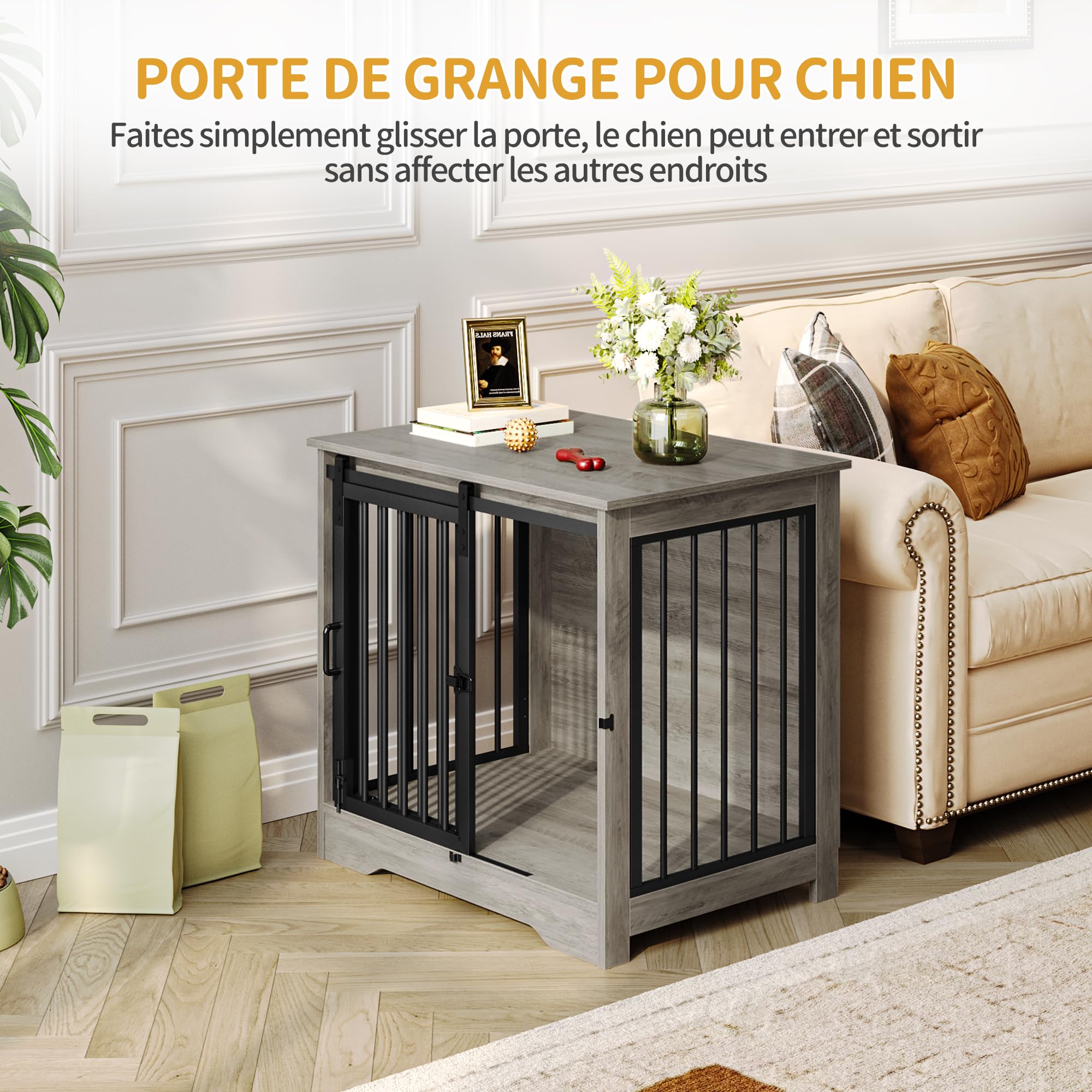 Hzuaneri 69 cm Cage pour Chiens, Table d’Appoint, Niche Moderne pour Chiens, Cage pour Chiots, Maisonnette pour Animaux, 2 Portes, 69 × 49 × 64,5 cm, Ivoire Clair DFC84305B