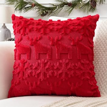 OTOSTAR Set of 1 Xmas Soft Plush Short Wool Velvet Decorative Throw Pillow Covers Square Luxury Style Cushion Case Pillow Shell for Sofa Bedroom Snowflake and Elk Red, 24x24 Inch