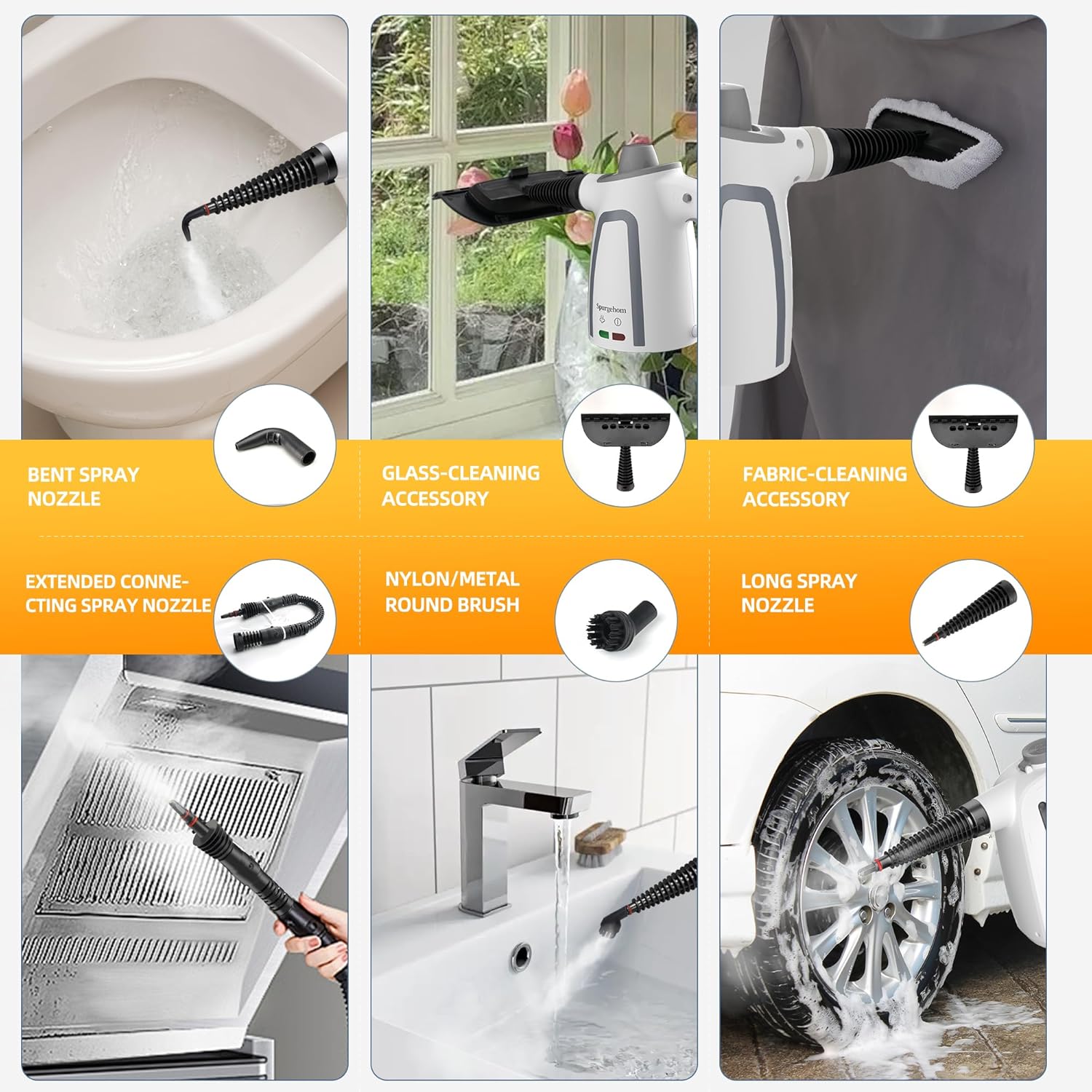 Spurgehom High-Pressure Steam Cleaner 1050W Fast Heating, 11-in-1 Multi-Surface Steamer with Safety Lock & 8 Accessories – Dirty-Free for Floors, Windows, Cars - Image 3