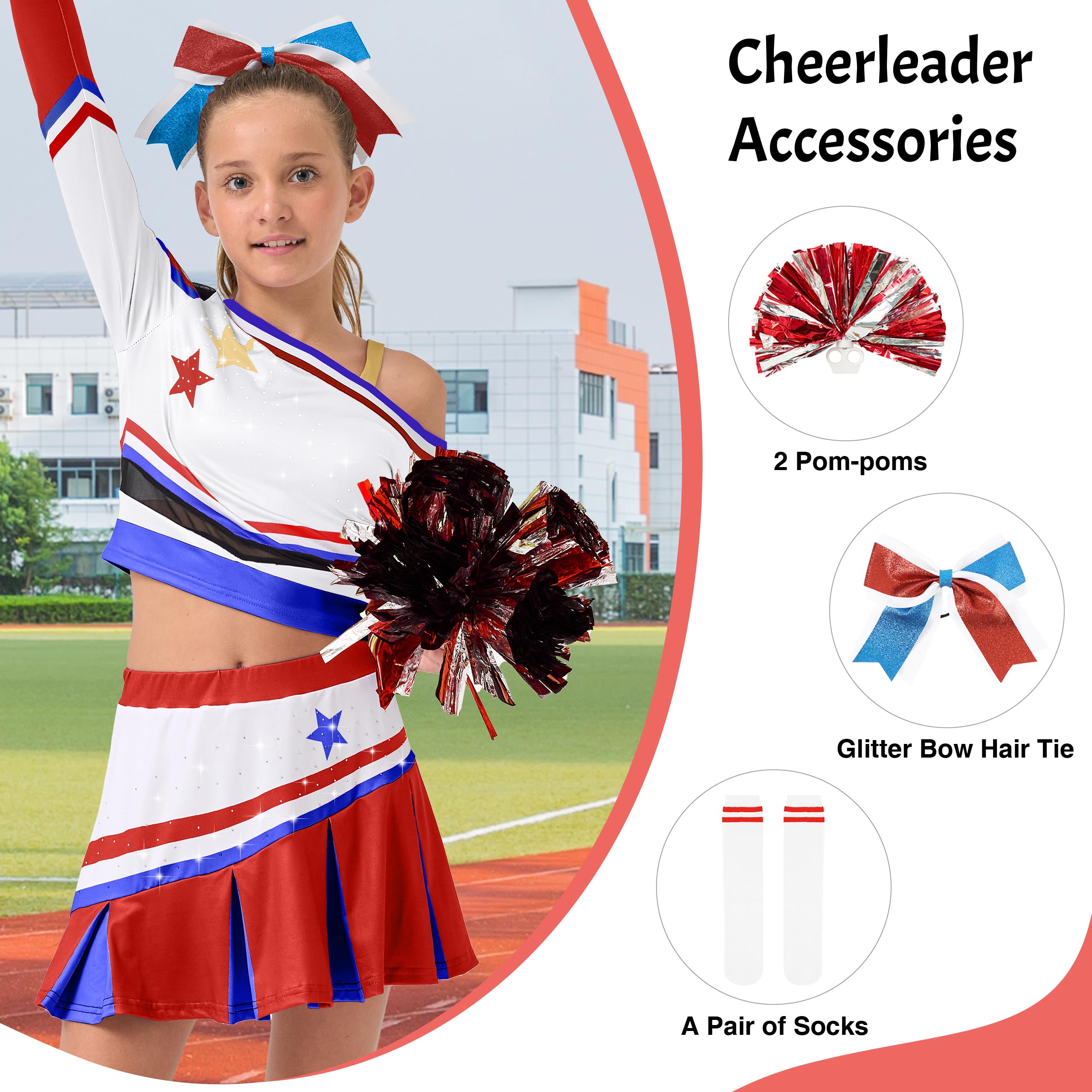 LOLANTA Girls Sparkly Cheerleader Costume with Pom Poms, Hair Bow & Socks, Fancy Dress Outfit, red, 7-8 Years, 130 - Image 2