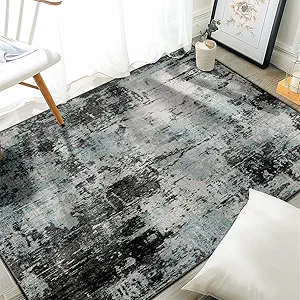 Washable Area Rugs 4'x6' Non-Slip Modern Abstract Soft for Living Room Entryway Bedroom Nursery, Print Pattern, Blue Black Teal