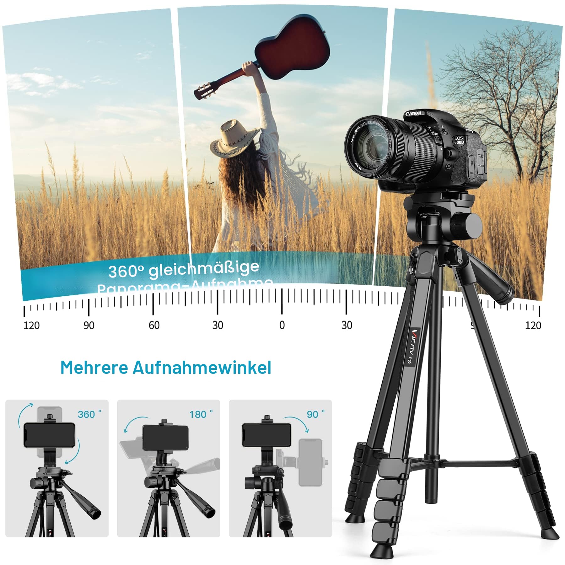 Victiv Neues Kamera Handy Stativ, 172cm Tragbares Camera Tripod, Aluminium Dreibein Stativ mit Abnehmbar 3-Wege-Kopf for für DSLR Canon Nikon Sony Action Kamera, Fotostativ für iPhone Smartphone