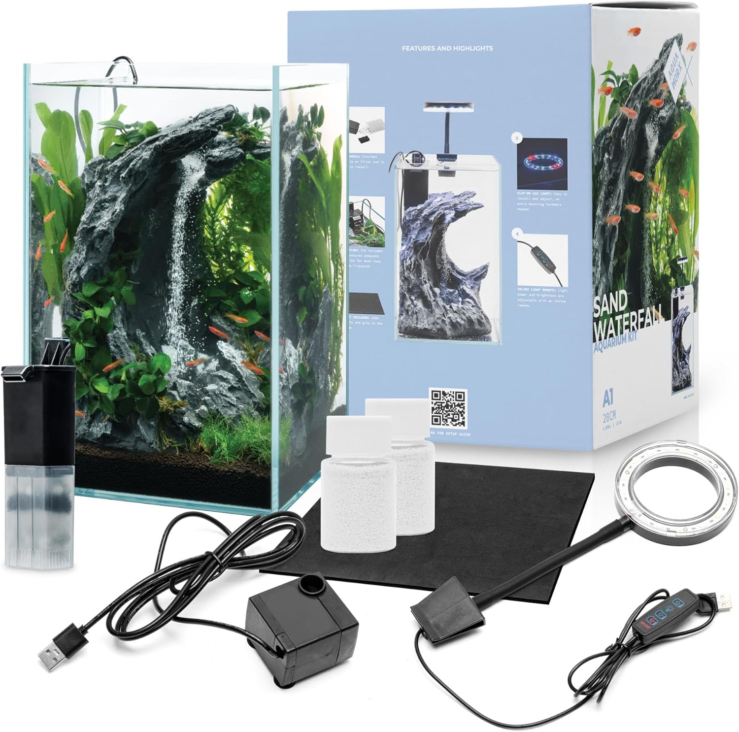 Sand Waterfall Tank Kit - Silent Operation Falling Sand Fish Tank w/LED Light and Self Cleaning Filtration - Desktop Rimless Starter Aquarium Kit, Just Add Plants - 3.38GAL | 12.8L (B1)