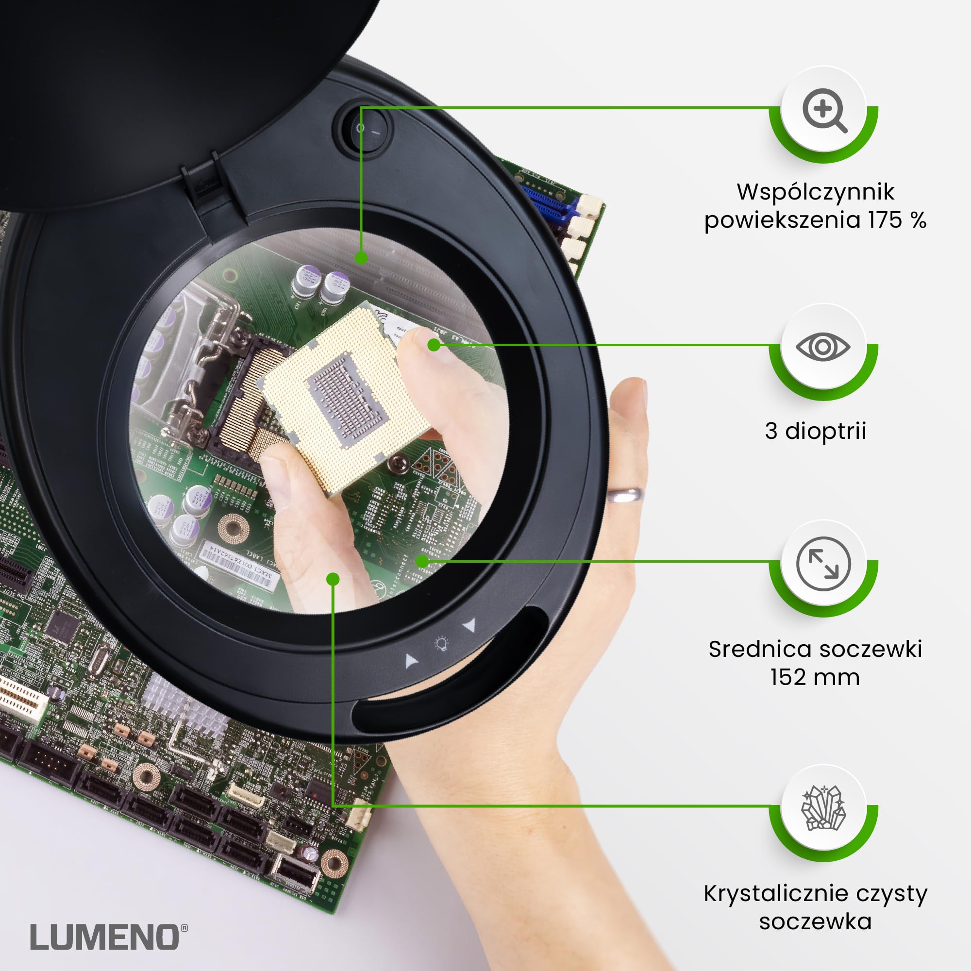 Lumeno ściemnialna lampa powiększająca LED 8513SW z dużą soczewką z szkła 152 mm, regulowane poziomy jasności, odpowiednia jako lampa robocza, lampa lupa, pomoc do czytania, 3 dioptrie, czarna