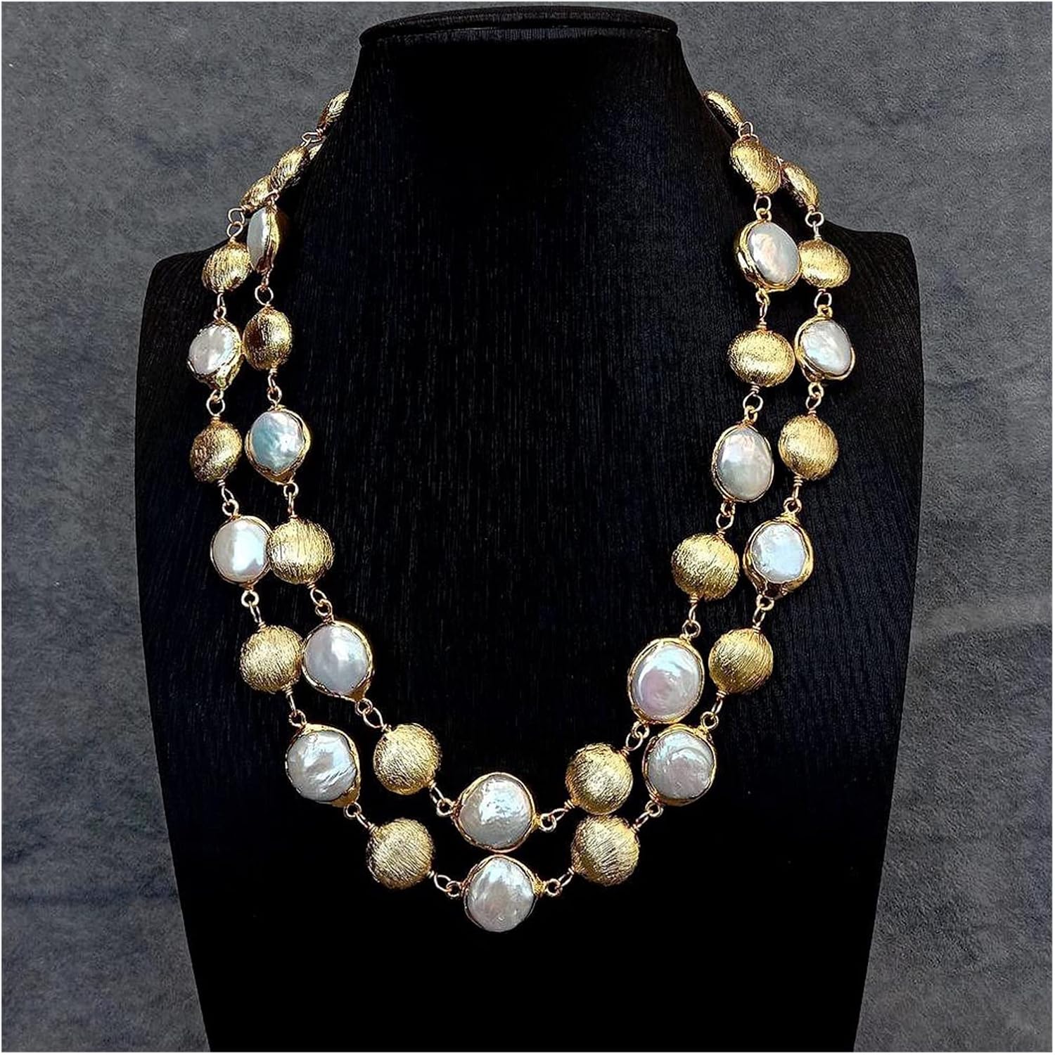 LAnGSHAW Freshwater Cultured White Coin Pearl Brushed Bead Necklace Multi Strands Luxurious Style Women Jewelry