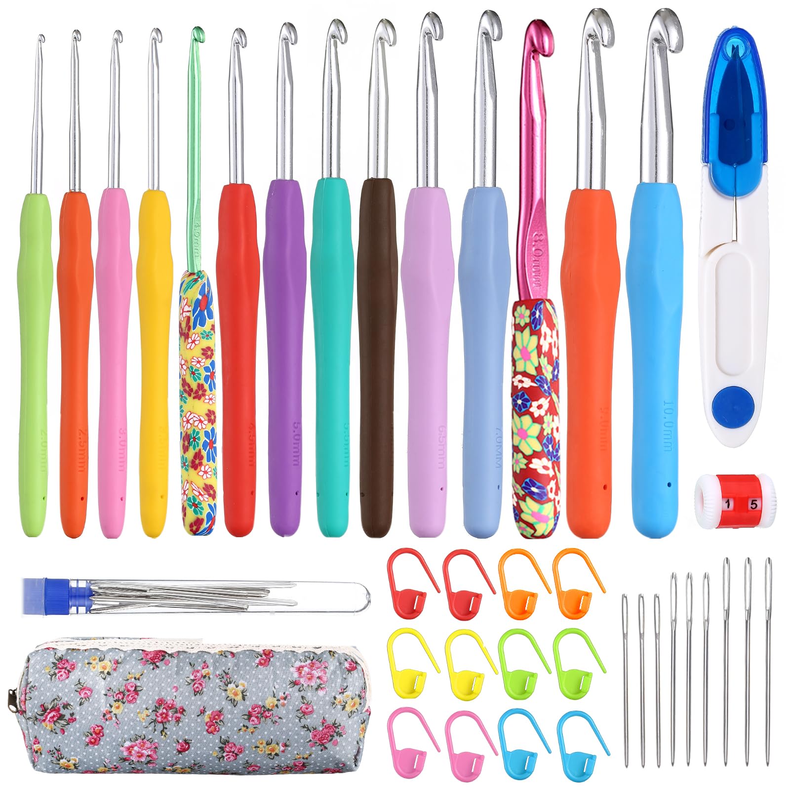 LIHAO Aiguille Crochet Tricot, 38 Pcs Kit Crochet Debutant Complet Ergonomique Avec Poignées En Caoutchouc à Prise Souple, Cadeau Soeur Mère Fille