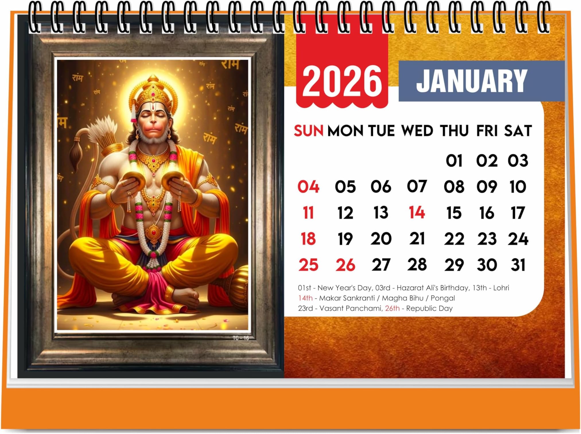 ESCAPER Hanuman Ji Desk Calendar 2026, A5 Size 8.5 x 5.75", Lord Hanuman Table Calendar 2026, Religious Hindu God Calendar, Table Top Calendar 2026