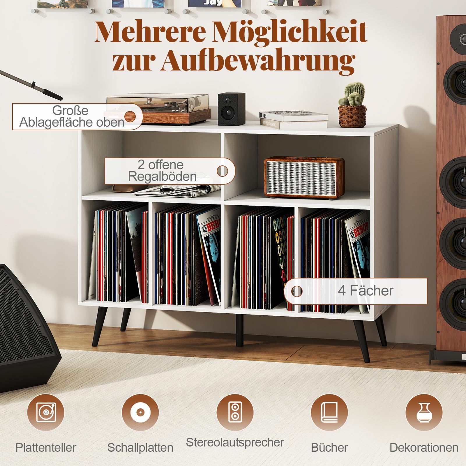 COSTWAY Plattenspielerständer 3-stufig, Plattenspielerschrank mit Vinyl-Aufbewahrungsregalen, Schallplatten-Aufbewahrungstisch, Vinyl-Aufbewahrungshalter für Wohnzimmer, Musikzimmer (Weiß)