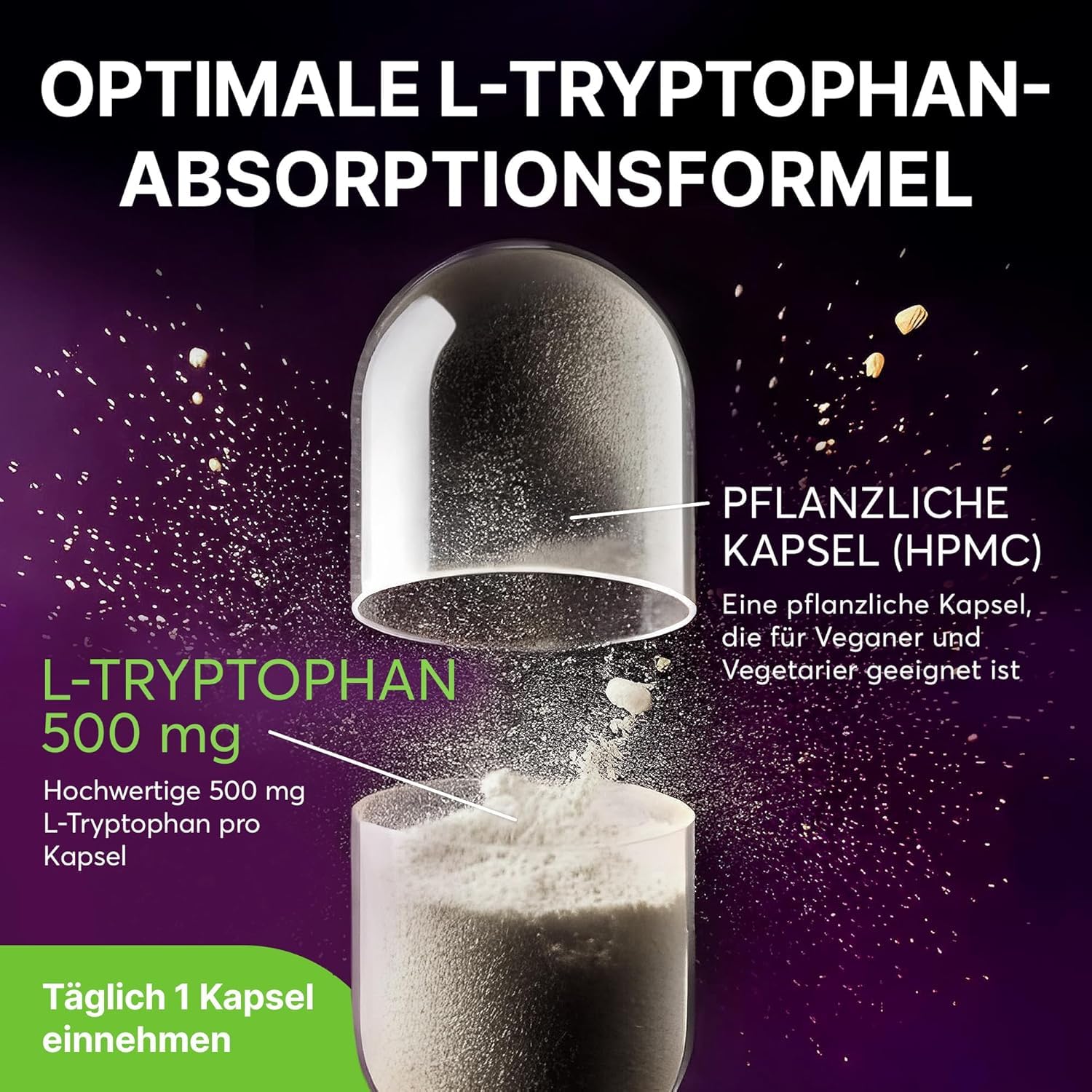 L-Tryptophan 500 mg Kapseln Hochdosiert – 180 vegane Kapseln – 3 Pack | Essenzielle Aminosäure – 1 Kapsel täglich, Vorrat für 180 Tage – GMP-zertifiziert & in Deutschland laborgeprüft