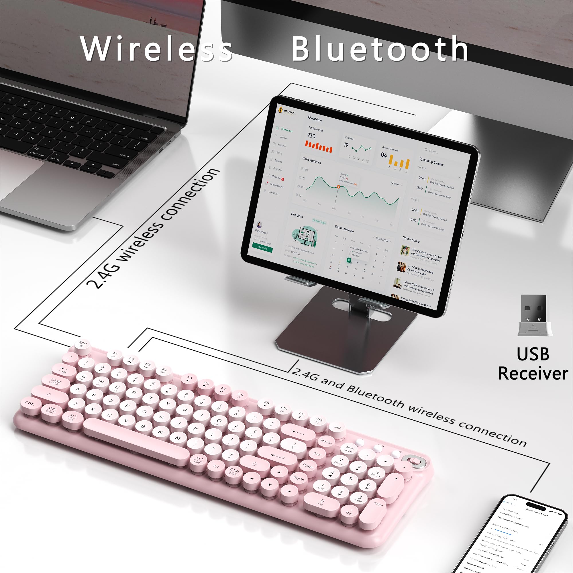 Links9+ Teclado Bluetooth inalámbrico, receptor de 2.4 GHz (rosa) | Batería de larga duración, 2.4G y teclado Bluetooth de modo dual compatible con Windows, macOS, iPad, PC, portátil, tableta