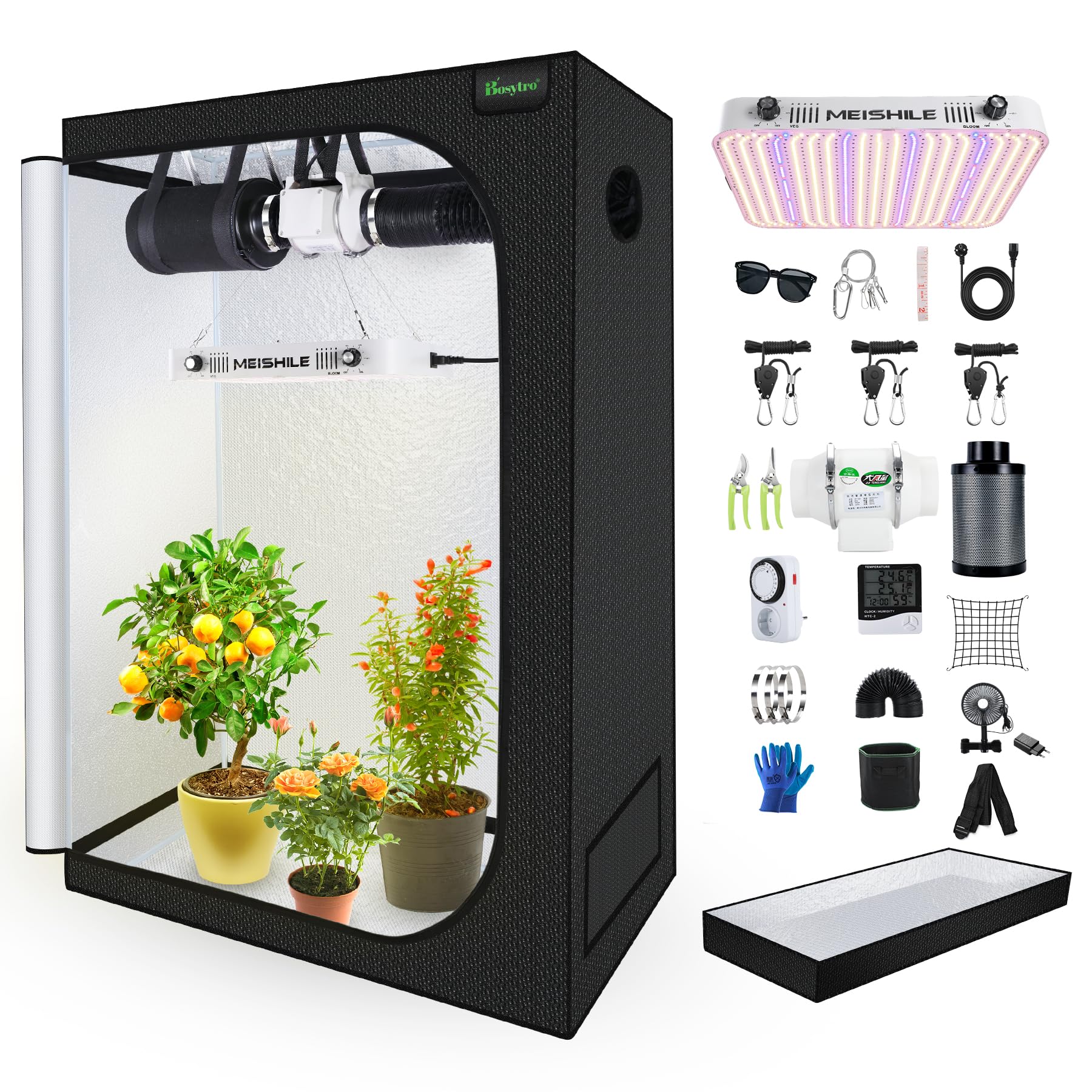 Growzelt Komplettset 200W LED Grow Lampe Vollspektrum 120x60x180cm Hydroponics Growing Tent Kit Belüftungssystem