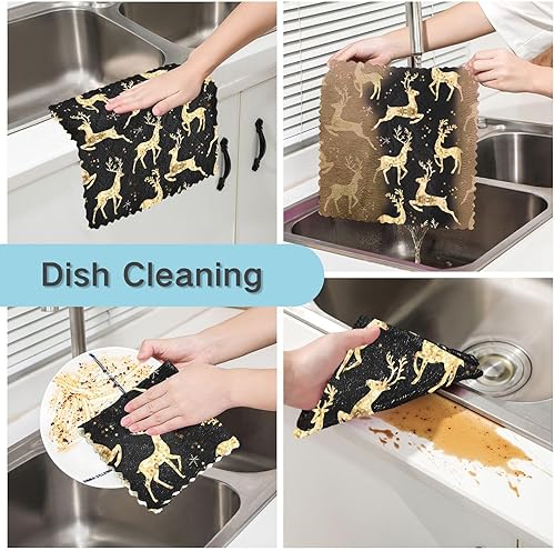 Miniatura 2 de KLL Christmas Pattern with Gold Deer on Black Background Towels for Drying Dishes Oven Lint Free Tea Towels Kitchen Hand Towels Absorbent Terry