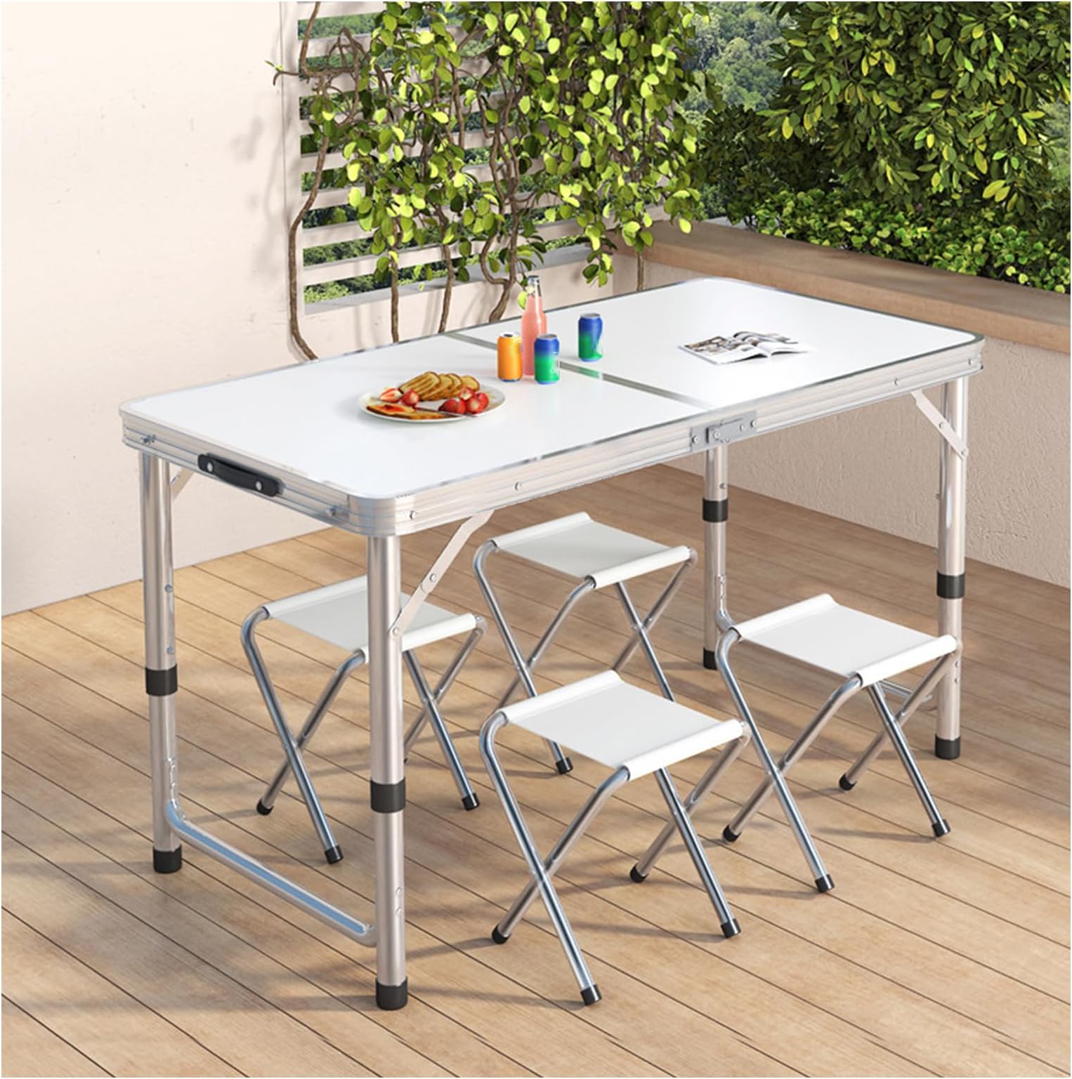 4ft Height Adjustable Portable Camping Table with 4 Chairs - Folding Picnic Table for Indoor/Outdoor Use Ideal for BBQs Crafting Parties Garden & Kitchen Activities