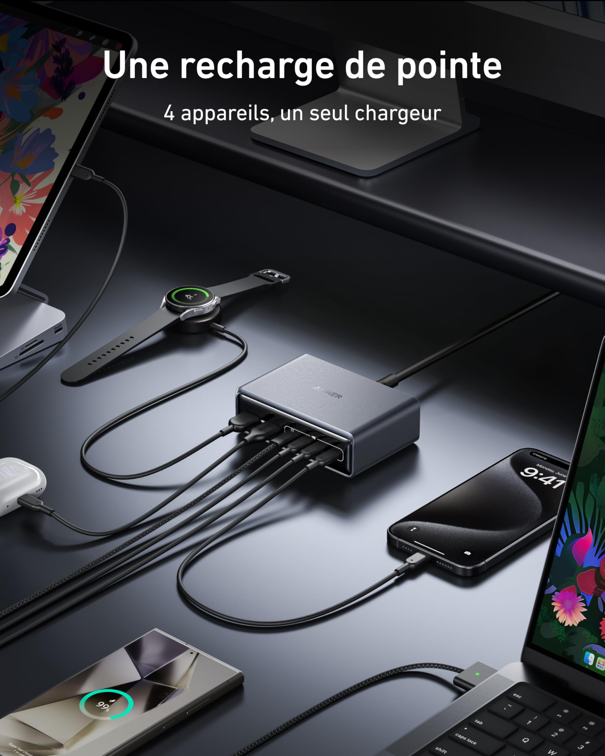 Anker Prime Chargeur USB C GaN 200 W, Station de Recharge 6 Ports GaN 200 W, Chargeur de Bureau Rapide USB C PD, pour iPhone 17/17 Plus/17 Pro Max/16/15/14/13, Samsung, MacBook, Dell et Autres