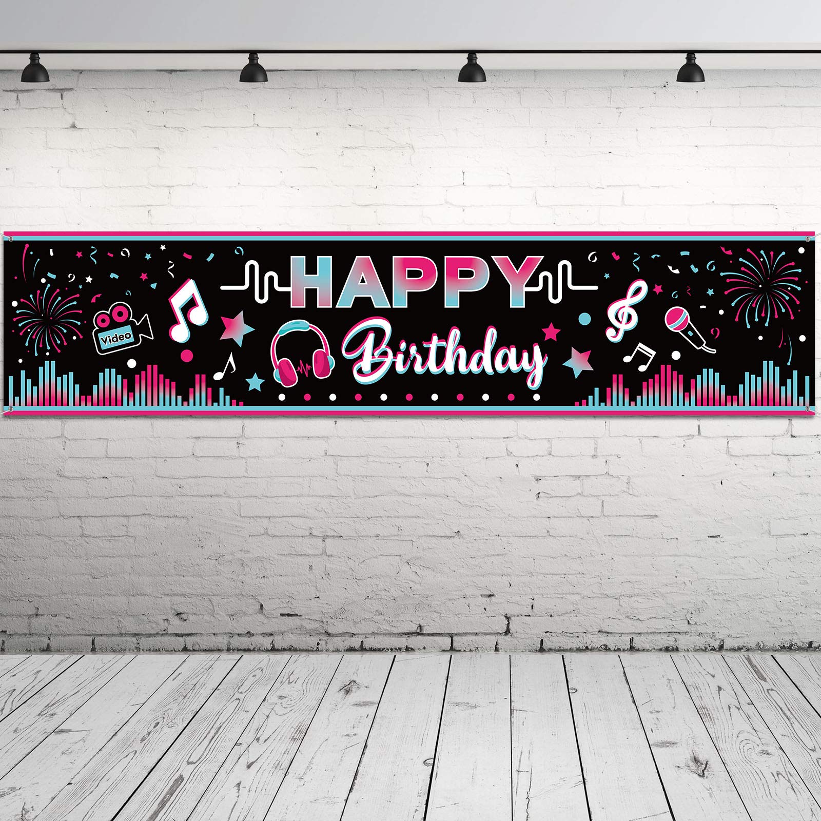 71 x 16 Inch Happy Birthday Banner Decorations Large Fabric Music Party Banner Backdrop Background Photo Booth Backdrop Indoor Outdoor Decor for Adult Social Media Theme Birthday Party Supplies