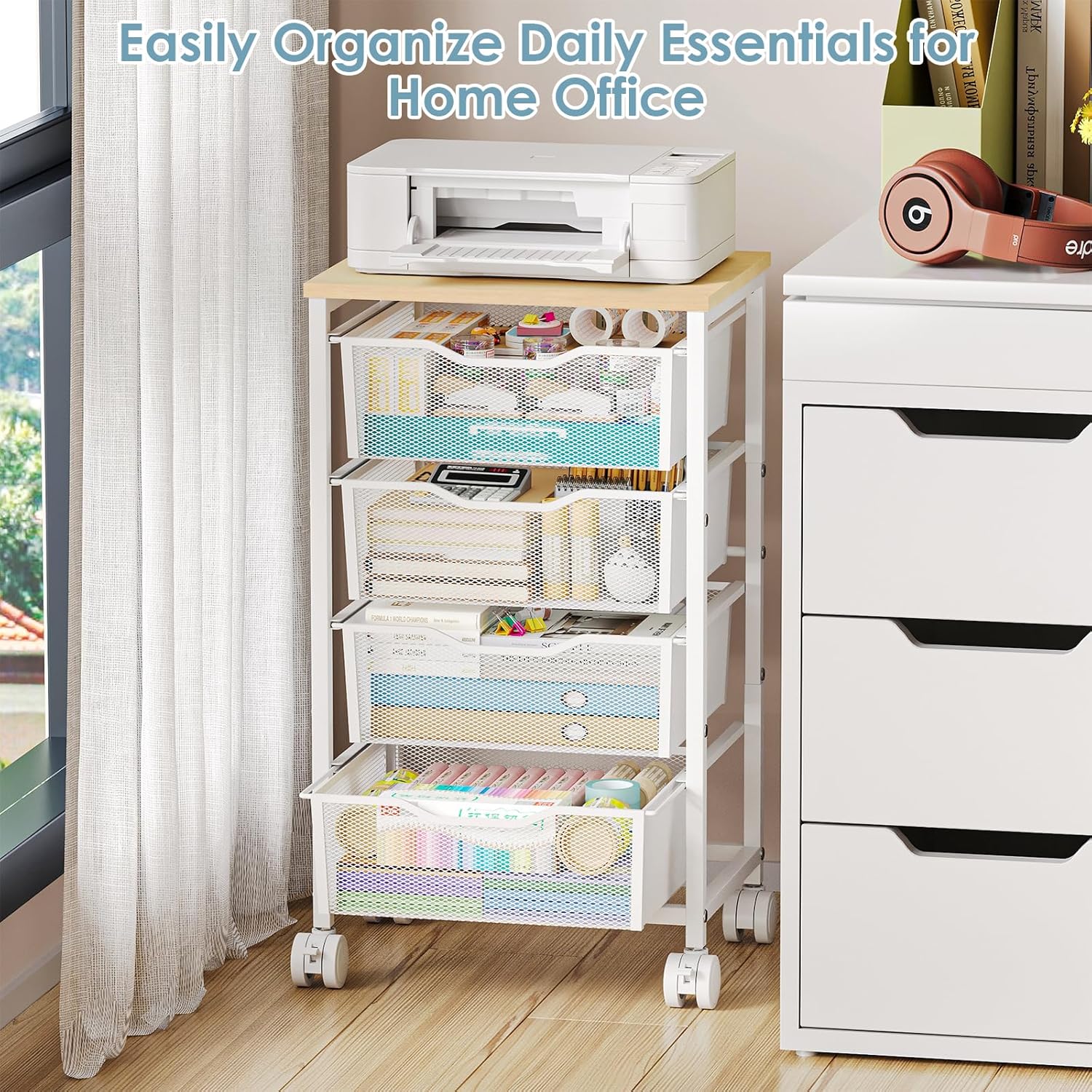 Utility Cart with 4 Drawers, Rolling Storage Cart, Metal Rolling Drawer Cart with Lockable Wheels and Wooden Tabletop, Craft Storage Art Cart for Living Room, Bedroom, Classroom, Office, White - Image 7
