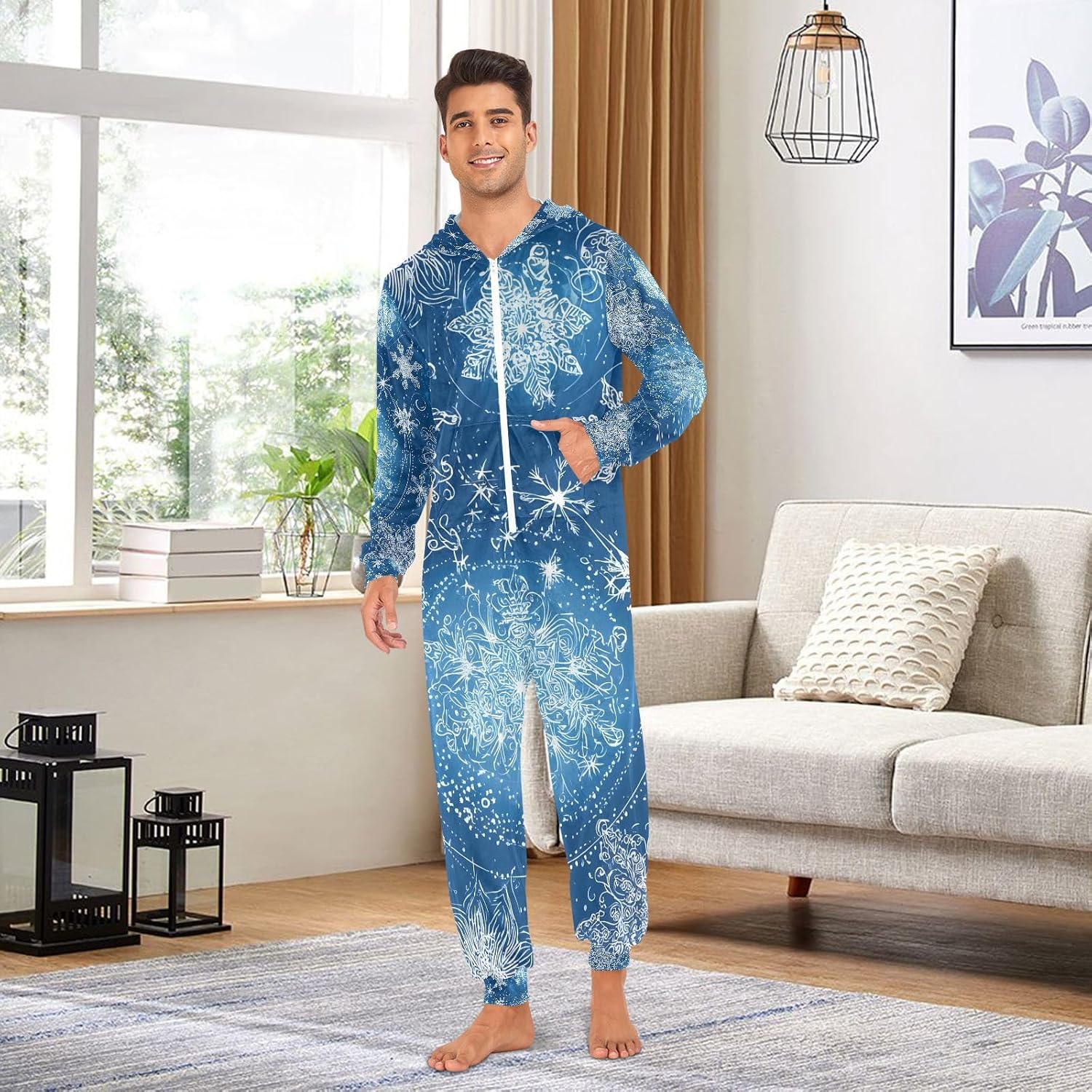 White Snowflakes Ice Blue U Adult Onesie Pajamas for Unisex Novelty One Piece Costume Sleepwear