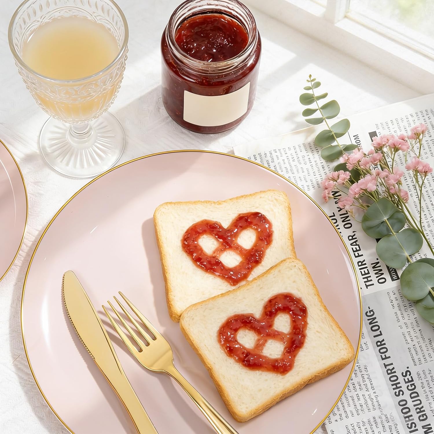 WDF 300Pcs Pink Plates Disposable - Pink and Gold Plastic Dinnerware Set for 50 Guests Include 50 Dinner & Cake Plates, 50 Disposable Cutlery, 50 9oz Cups for Wedding, Party, Valentine's Day - Image 6