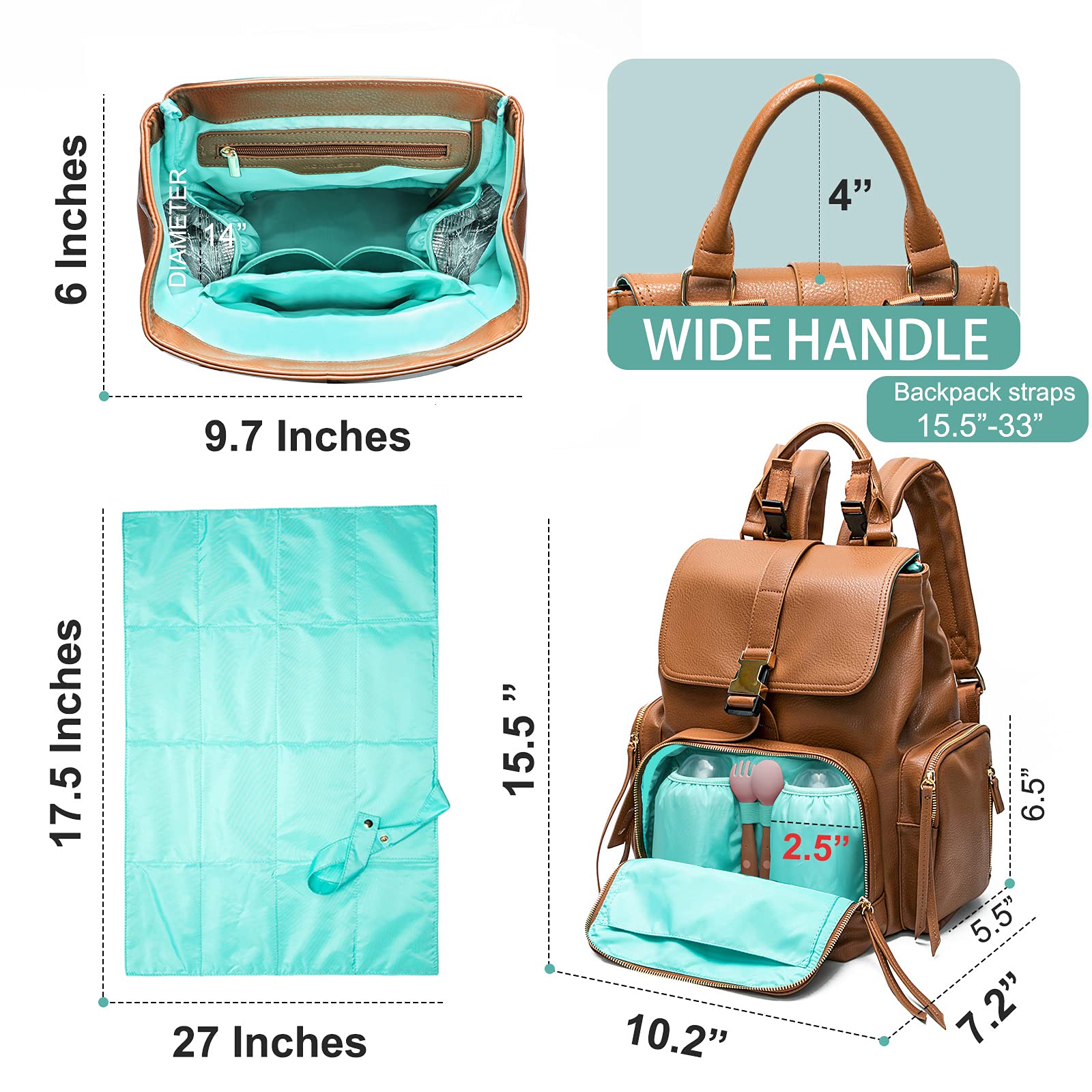 Miss Fong Sac à dos à langer en cuir avec poches isothermes pour maman et papa, sac de maternité
