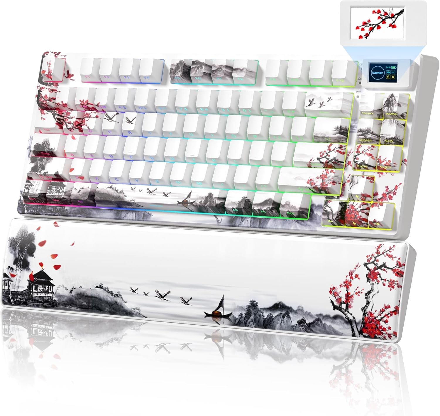 Womier 75% Wireless Mechanical Keyboard with Color Multimedia Screen Gaming Creamy Keyboard, Theme 3-Modes Hot Swappable Key Board w/Wrist Rest,SK80 PRO Gasket RGB Custom for Mac/Win,Red Plum