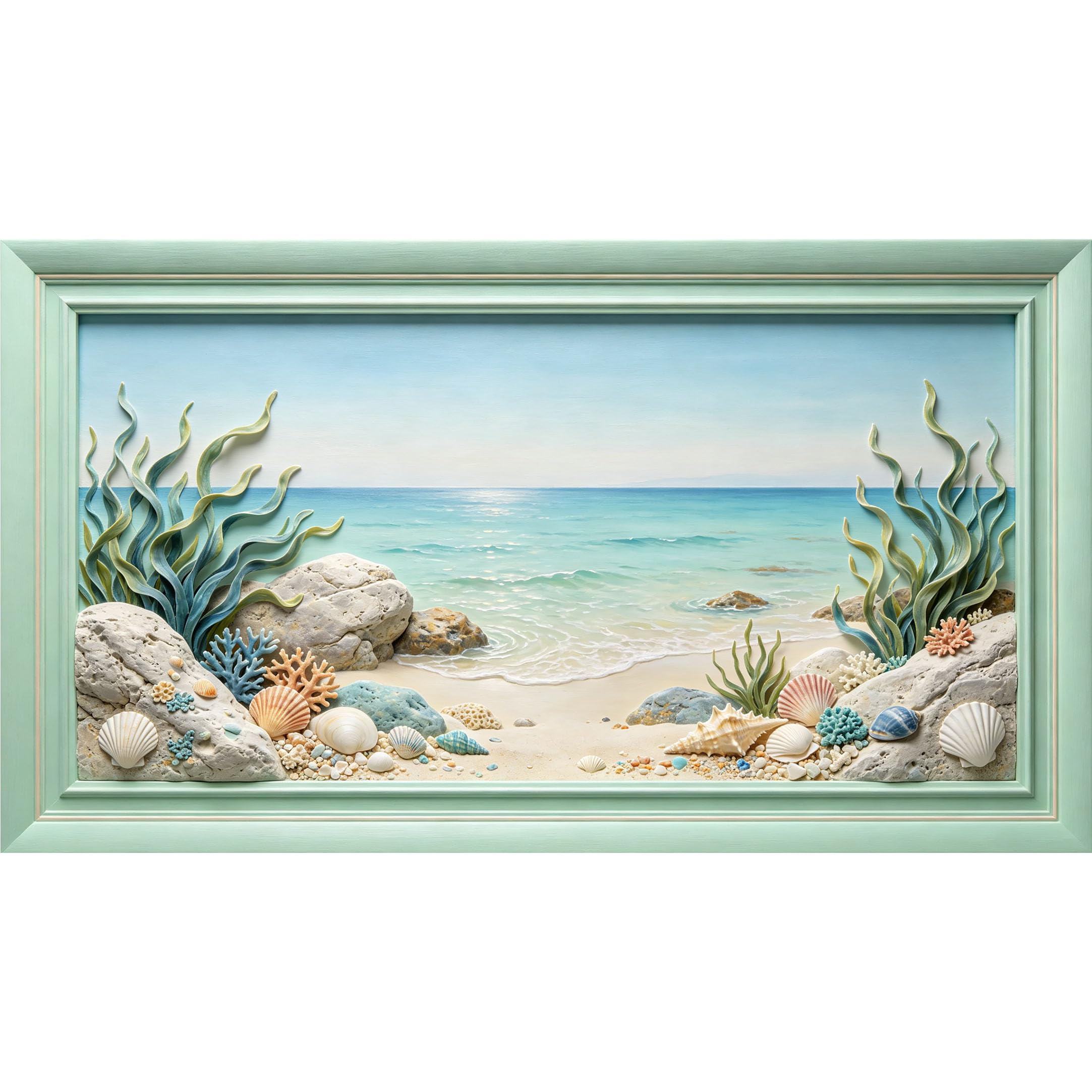 QZLITHOTIC 50x90cm3D Framed Wall Art， Coastal Ocean Beach Seashell Coral Landscape Self‑Adhesive Mural， Water‑Activated Peel & Stick Fabric Decor Wall Decal for Bedroom Living Room