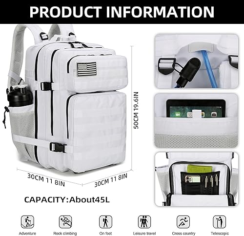 Miniatura 5 de Mochila táctica de asalto de 45L 3 días con mochila impermeable Molle para mochilas tácticas (blanco)