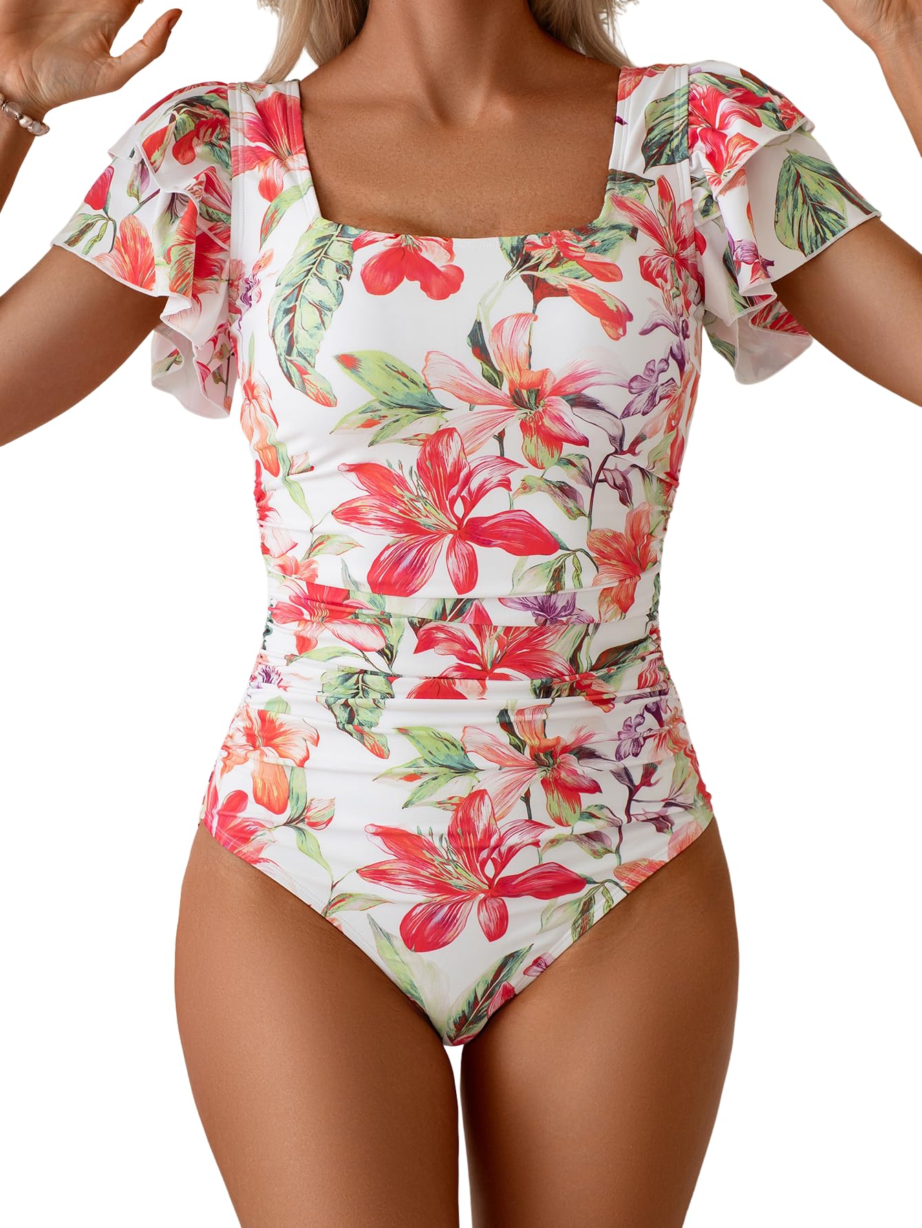 Eomenie Women's Ruffle Sleeve One Piece Swimsuit Tummy Control Bathing Suit | Square Neck, Ruched, Slimming, Modest, Cutout Back, Non-removable Padding