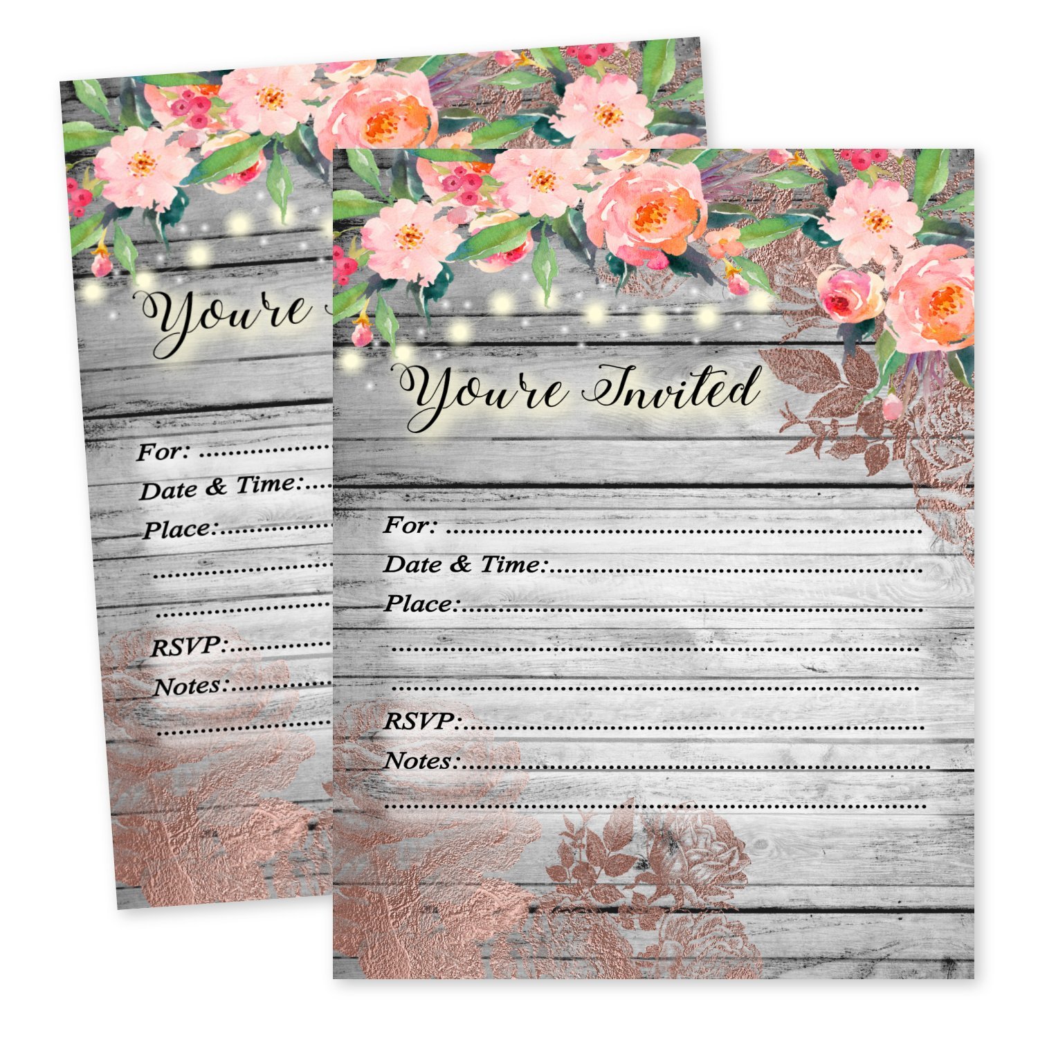 Bridal Shower Invitations Floral Pink Peach Rustic Theme 20 Count with envelopes
