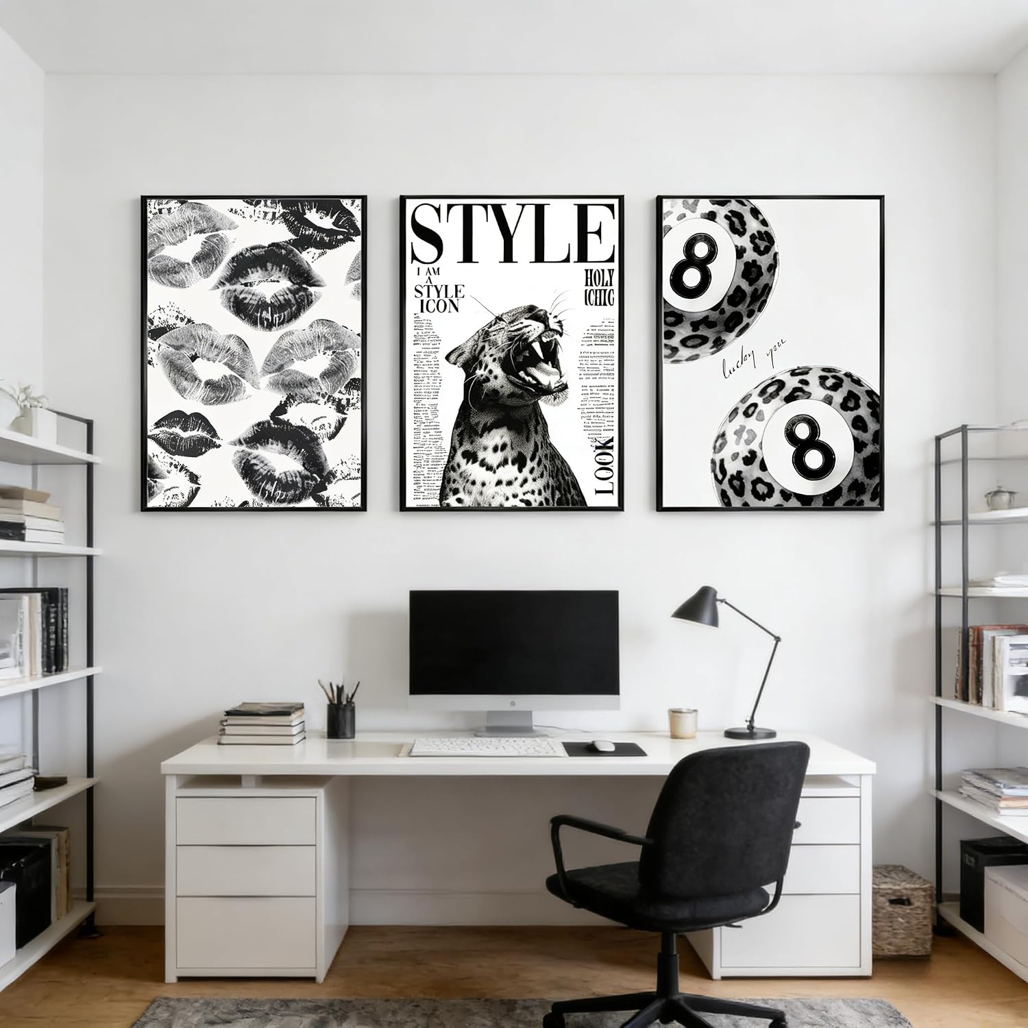 3Pcs Trendy Black and White Leopard Wall Art Fashion Lucky 8 Ball Lips Pictures Wall Decor Vintage Newspaper Cheetah Posters Prints for Bedroom Apartment Dorm Unframed 12x16in