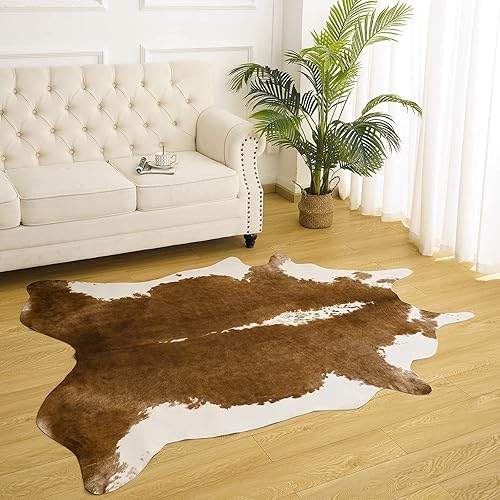 Vista 7 de AROGAN Alfombra de piel de vaca sintética de alta calidad de 6.2 x 5.2 pies, resistente y de gran tamaño, alfombra con estampado de vaca, adecuada