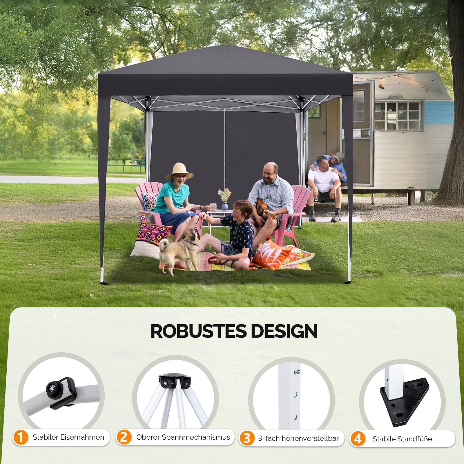 Bonnlo Pop-up Pavillon, Faltpavillon 3x3m, Höhenverstellbar, Wasserdicht Partyzelt mit 4 Seitenteilen, Gartenpavillon für Outdoor Hochzeit Garten Camping Party, Grau