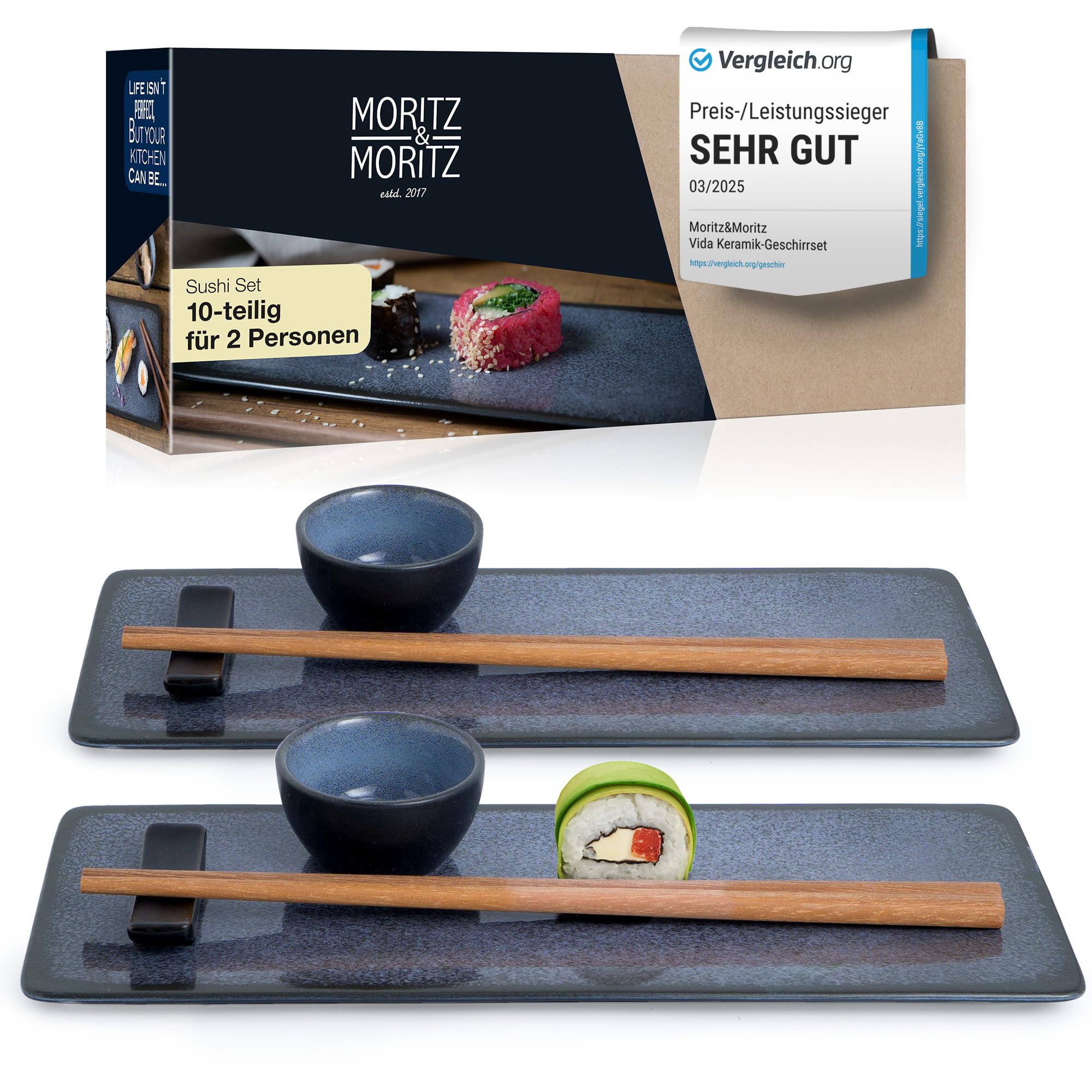 Moritz & Moritz VIDA 10-tlg. Sushi Geschirr Set für 2 Personen - Sushi Servierset mit 2x Sushi-Teller, Dip-Schälchen und Stäbchen