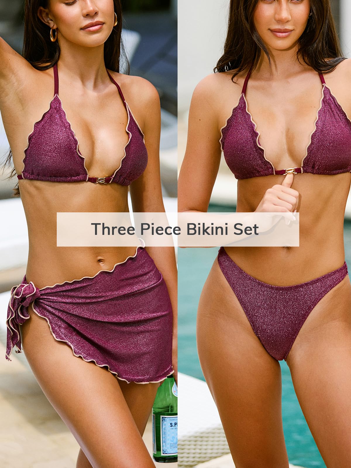CUPSHE Damen Bikini Set Dreiteiliger Badeanzug V Ausschnitt Neckholder Binden Merrow Sarong Glänzender Zweiteiliger Badeanzug