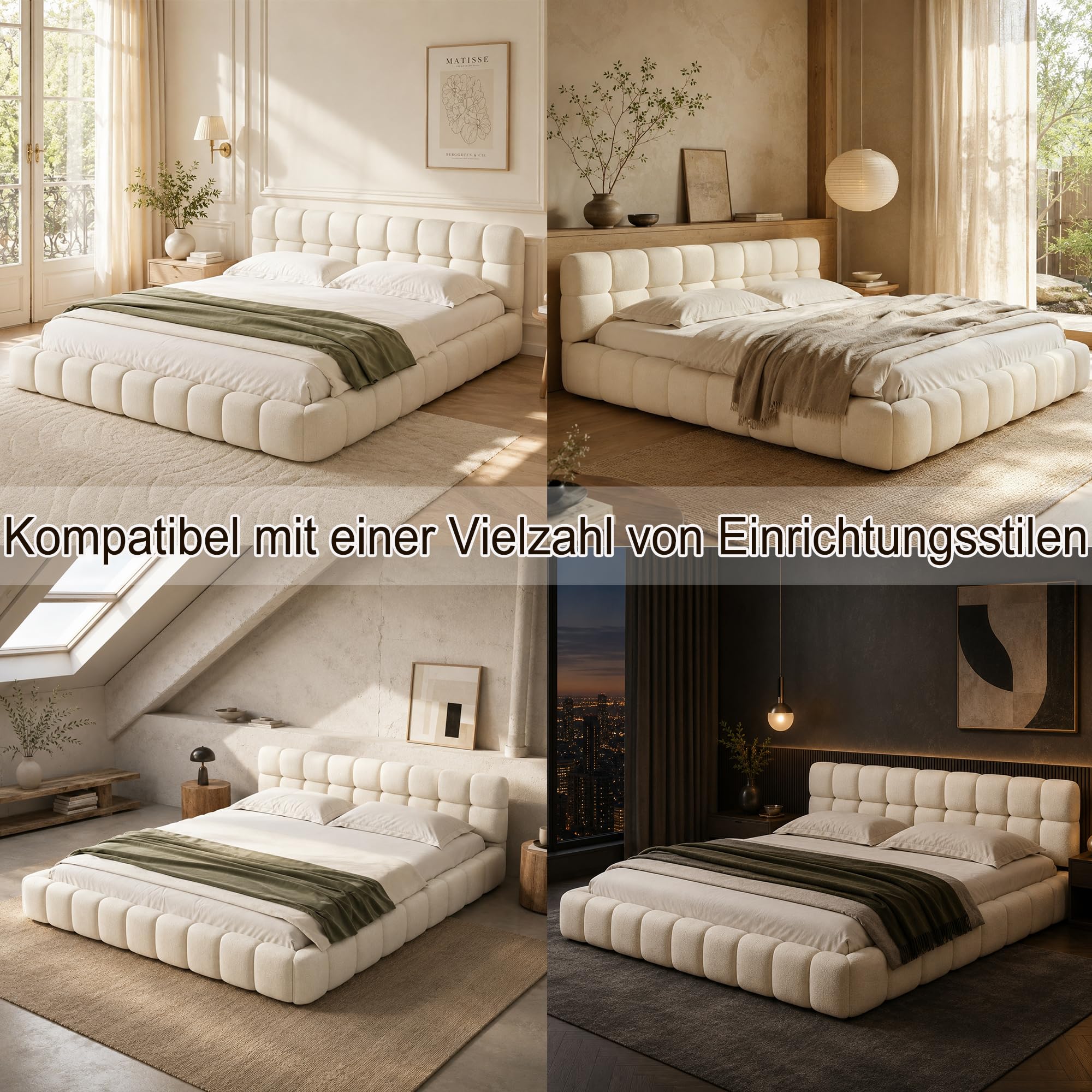 DULRLLY Bubble Bett 140x200, Bett 140x200 mit Lattenrost, Jugendbett mit Gepolstertes Kopfteil, Bettgestell für Schlafzimmer und Gästezimmer, ohne Matratze, Leinenstoff (Beige)