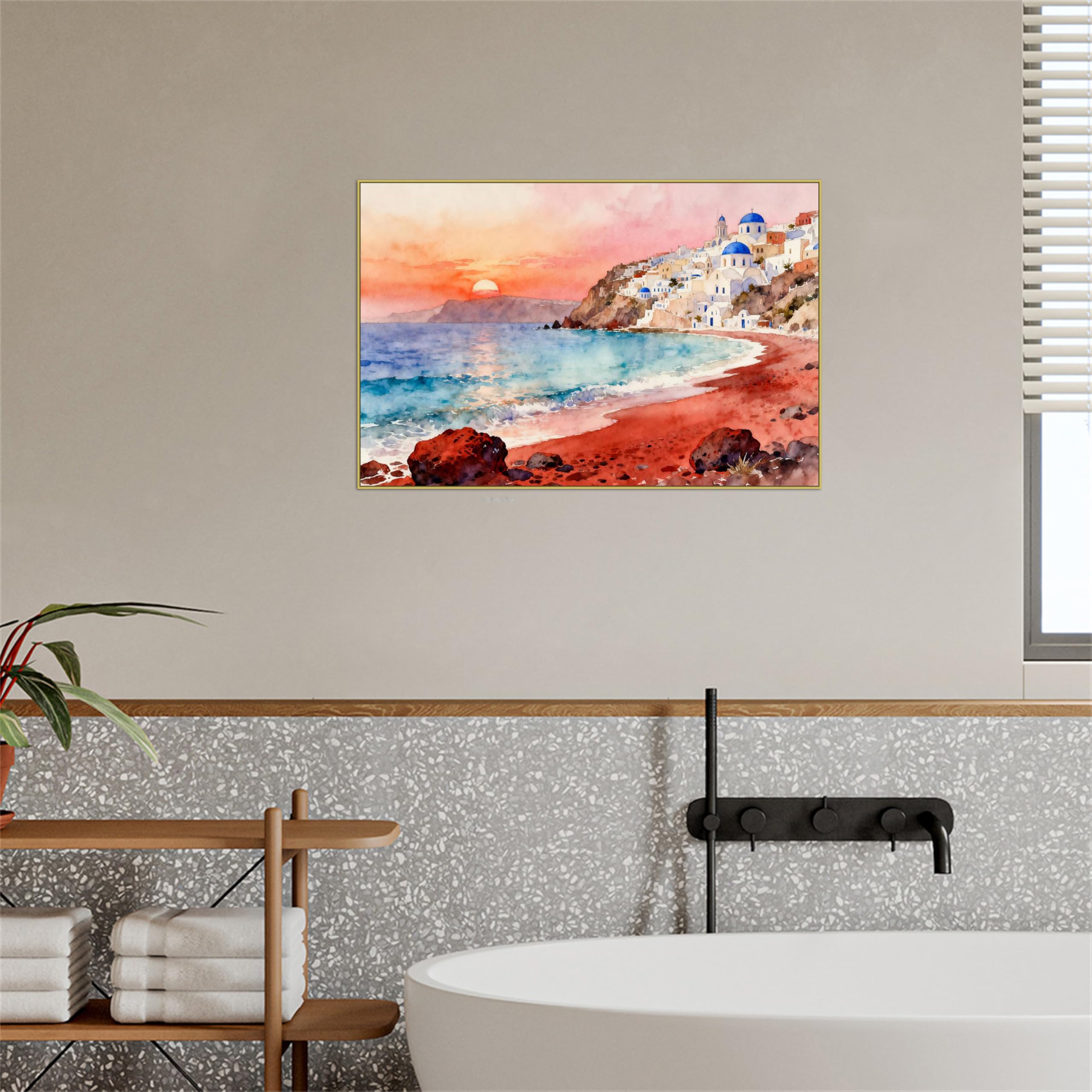 OZPWBVY Meer Leinwandbild-Greece Strand Sonnenuntergang-Küsten Landschaftsbilder für Wohnzimmer Schlafzimmer Fertig zum Aufhängen 80x120cm Goldener Rahmen