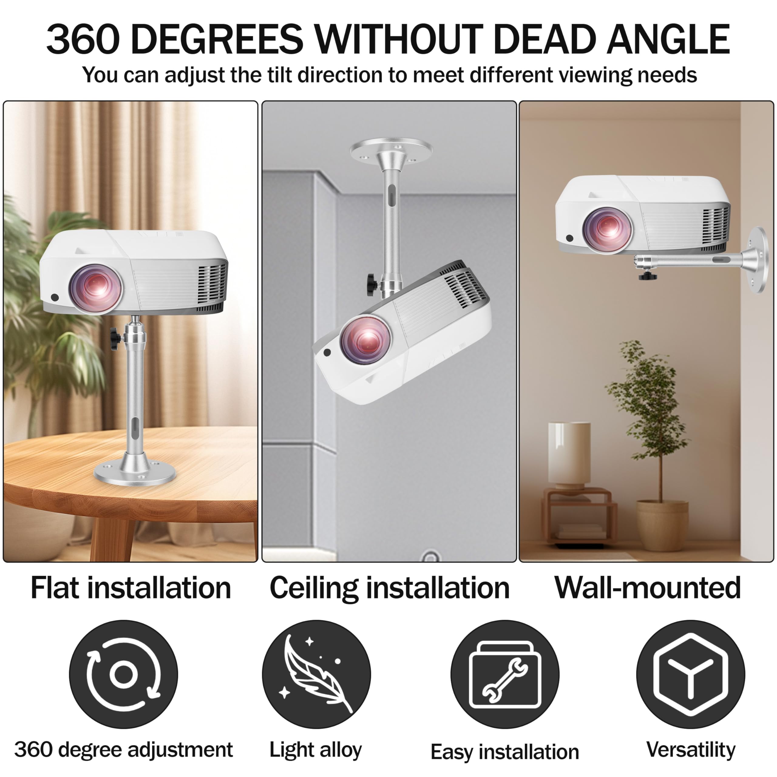 Staffa Soffitto Per Proiettore - Supporto Regolabile 360° Per Mini Proiettori Fino A 5kg - QIMEI-SHOP - Foto 3